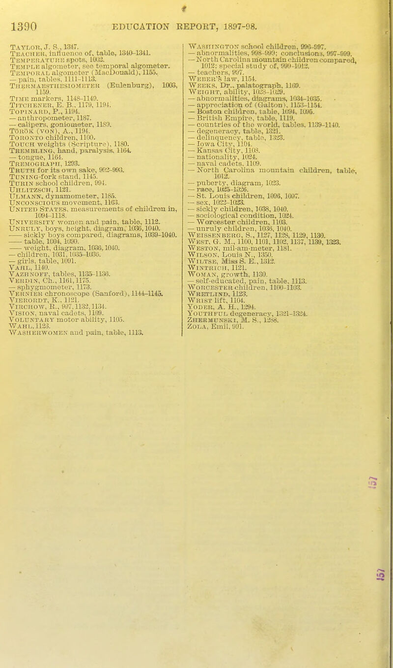 TAYLon, J. S., 1317. Teach UK, influonco of, table, 1310-1341. Temi'uratuhb-spots, 100;3. TEMrfvH nlgometor, seo temporal algometor. Temi'okaoalcromotev (MacDouald), 1155. — pain, taljles, 1111-1113. TIIUKMAESTHESI0M13TK11 (Eiilenburg), 1003, 1159. Time markers, 1148-1140. Tn'ciiENEn, E. B.. llTi), Uni. TOPINAIID, P., llUt. — authropometer, 1187. — calipers, goniouiet&r, USD. TollOK (VON), A., 1194. TonoNTO children, 1100. Touch weights (Scriptiire), 1180. Trembling, hand, pai-alysis, 11G4 — tongue, 1164. Tremoguapii, 1293. Truth for its own sake, 992-993. TuNiNG-fork stand, 1145. Turin school children, 994. Uhlitzsch, 1121. Ulmanjt, dynamometer, 118,5. Unconscious movement, 1103. United States, measurements of children in, 109«118. University women and pain, table, 1113. Unruly, boys, height, diagram, 1030,1040. ■ sickly boys compared, diagrams, 1039-1040. table, 1004,1090. weight, diagram, ia3G, 1040. — children, 1031, KBS-IUSU. — girls, table, 1091. Vahl, 1140. Vazhnoff, tables, 1135-1130. Verdi.v, Ch., 11(31,1175. — .sijhygmometer, 1173. Vernier chronoscope (Sanfordj, 1144^-1143. VlBROKDT, K.. 1121. ViRCHOW, R., 997.1132,1134. Visio.N, naval cadets, 11(19. Voluntary motor ability, 1105. Wahl, 1123. V\''A3HERWOMEN aud pain, table, 1113. WAsniNOTON school children, 990-99. — abnormalities, 998-999; conchisions, 997-999. — North Carolina mountain children compared, 1012: special study of, 1*99-1012. — teachers, 907. V,''Bi!ER'?i law, 1154. Weeks, Dr., palatograph. 11U9. Weight, ability, 1028-1U29. — abnorin.alities, diagrams, 10:14-1035. — appreciation of (Gallon), 115:5-11.54. — Boston children, table, 1(}94, 1095. — British Ejupire, table, 1119. — countries of tho world, tables, 1139-1140. — degeneracy, table, VUl. — delinquency, tabl-o, 1323. — Iowa City, 1104. — Kansas City, 11U8. — nationality, 1024. — naval cadets, 1109. — North Cai'olina mountain childreii, table. 1012. — puberty, diagram, 1023. — race, 1025-102ti. — St. Louis childi-en, 1096, 1097. — sex, 1022-1023. — sickly children, 1038, 1040. — sociological condition, 1024. — Worcester children, 1103. — unruly children, 10315, 1010. Weissenbero, S., 1127, 1128, 1129, 1130. West, G. M., llOO, 1101, 1102.1137, 1139,1323. Weston, mil-am-meter, 1181. Wilson, Louis N., 1350. WiLTSE, Miss S. E., 1312. WlNTRTClH, 1121. Woman, growth, 11.30. — self-educated, pain, table, 1113. Worcester children, 1100-110-3. Wretlind. 1123. Wrist lift, 1104. YODER, A. H., 1294. Youthful degeneracy, i;>21-132i. Zhekmunski, M. S., ISiS. Zola, Emil, 991.
