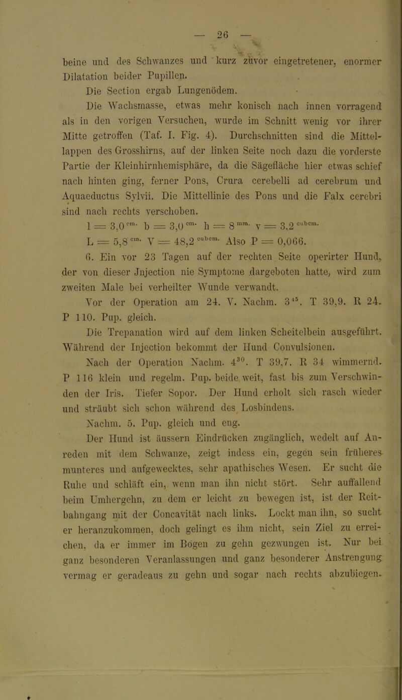 beine und des Schwanzes und kurz zuvor eingetretener, enormer Dilatation beider Pupillen. Die Section ergab Lungenödem. Die Wachsmasse, etwas mehr konisch nach innen vorragend als in den vorigen Versuchen, wurde im Schnitt wenig vor ihrer Mitte getroffen (Taf. I. Fig. 4). Durchschnitten sind die Mittel- lappen des Grosshirns, auf der linken Seite noch dazu die vorderste Partie der Kleinhirnhemisphäre, da die Sägefläche hier etwas schief nach hinten ging, ferner Pons, Crura cerebelli ad cerebrum und Aquaeductus Sylvii. Die Mittellinie des Pons und die Falx cerebri sind nach rechts verschoben. 1 = 3,0cm- b = 3,0cm- h = 8 mra- v = 3,2 cl,bcm- L == 5,8 cm* V = 48,2 oubcra- Also P == 0,066. 6. Ein vor 23 Tagen auf der rechten Seite operirter Hund, der von dieser Jnjection nie Symptome .dargeboten hatte, wird zum zweiten Male bei verheilter Wunde verwandt. Vor der Operation am 24. V. Nachm. 345. T 39,9. II 24. P 110. Pup. gleich. Die Trepanation wird auf dem linken Scheitelbein ausgeführt. Während der Injection bekommt der Hund Convulsioncn. Nach der Operation Nachm. 430. T 39,7. R 34 wimmernd. P 116 klein und regelm. Pup. beide, weit, fast bis zum Verschwin- den der Iris. Tiefer Sopor. Der Hund erholt sich rasch wieder und sträubt sich schon während des Losbindens. Nachm. 5. Pup. gleich und eng. Der Hund ist äussern Eindrücken zugänglich, wedelt auf An- reden mit dem Schwänze, zeigt indess ein, gegen sein früheres- munteres und aufgewecktes, sehr apathisches Wesen. Er sucht die Ruhe und schläft ein, wenn man ihn nicht stört. Sehr auffallend beim Umhergehn, zu dem er leicht zu bewegen ist, ist der Reit- bahngang mit der Concavität nach links. Lockt man ihn, so sucht er heranzukommen, doch gelingt es ihm nicht, sein Ziel zu errei- chen, da er immer im Rogen zu gehn gezwungen ist. Nur bei ganz besonderen Veranlassungen und ganz besonderer Anstrengung vermag er geradeaus zu gehn und sogar nach rechts abzubiegen.