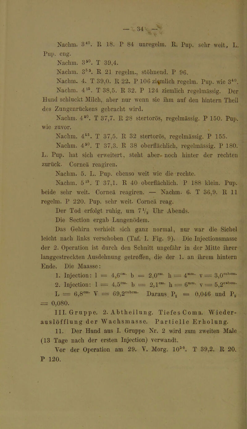 Nachm. 340. R 18. P 84 unregelm. R. Pup. sehr weit, L. Pup. eng. Nachm. 3S0. T 39,4. Nachm. 355. R 21 regelm., stöhnend. P 96. Nachm. 4. T 39,0. R 22. P 106 ziemlich regelm. Pup. wie 360. Nachm. 4lE. T 38,5. R 32. P 124 ziemlich regelmässig. Der Hund schluckt Milch, aber nur wenn sie ihm auf den hintern Theil des Zungenrückens gebracht wird. Nachm. 4s0. T 37,7. R 28 stertorös, regelmässig. P 150. Pup. wie zuvor. Nachm. 445. T 37,5. R 32 stertorös, regelmässig. P 155. Nachm. 4S0. T 37,3. R 38 oberflächlich, regelmässig. P 180. L. Pup. hat sich erweitert, steht aber-noch hinter der rechten zurück. Cornea reagiren. Nachm. 5. L. Pup. ebenso weit wie die rechte. Nachm. 515. T 37,1. R 40 oberflächlich. P 188 klein. Pup. beide sehr weit. Corneä reagiren. — Nachm. 6. T 36,9. R 11 regelm. P 220. Pup. sehr weit. Corneä reag. Der Tod erfolgt ruhig, um 7V2 Uhr Abends. Die Section ergab Lungenödem. Das Gehirn verhielt sich ganz normal, nur war die Sichel leicht nach links verschoben (Taf. I. Fig. 9). Die Injectionsmasse der 2. Operation ist durch den Schnitt ungefähr in der Mitte ihrer langgestreckten Ausdehnung getroffen, die der 1. an ihrem hintern Ende. Die Maasse: 1. Injection: 1 = 4,6cm- b = 2,0cm- h = 4mm' v = 3,0cubora- 2. Injection: 1 = 4,5cm' b = 2,lcm> h = 6mm- v = 5,2oubom> L = 6,8cm' V = 69,2cubcm- Daraus. Px = 0,046 und P2 = 0,080. III. Gruppe. 2. Abtheilung. Tiefes Coma. Wieder- auslöfflung der Wachsmasse. Partielle Erholung. 11. Der Hund aus I. Gruppe Nr. 2 wird zum zweiten Male (13 Tage nach der ersten Injection) verwandt. Vor der Operation am 29. V. Morg. IO20. T 39,2. R 20. P 120.