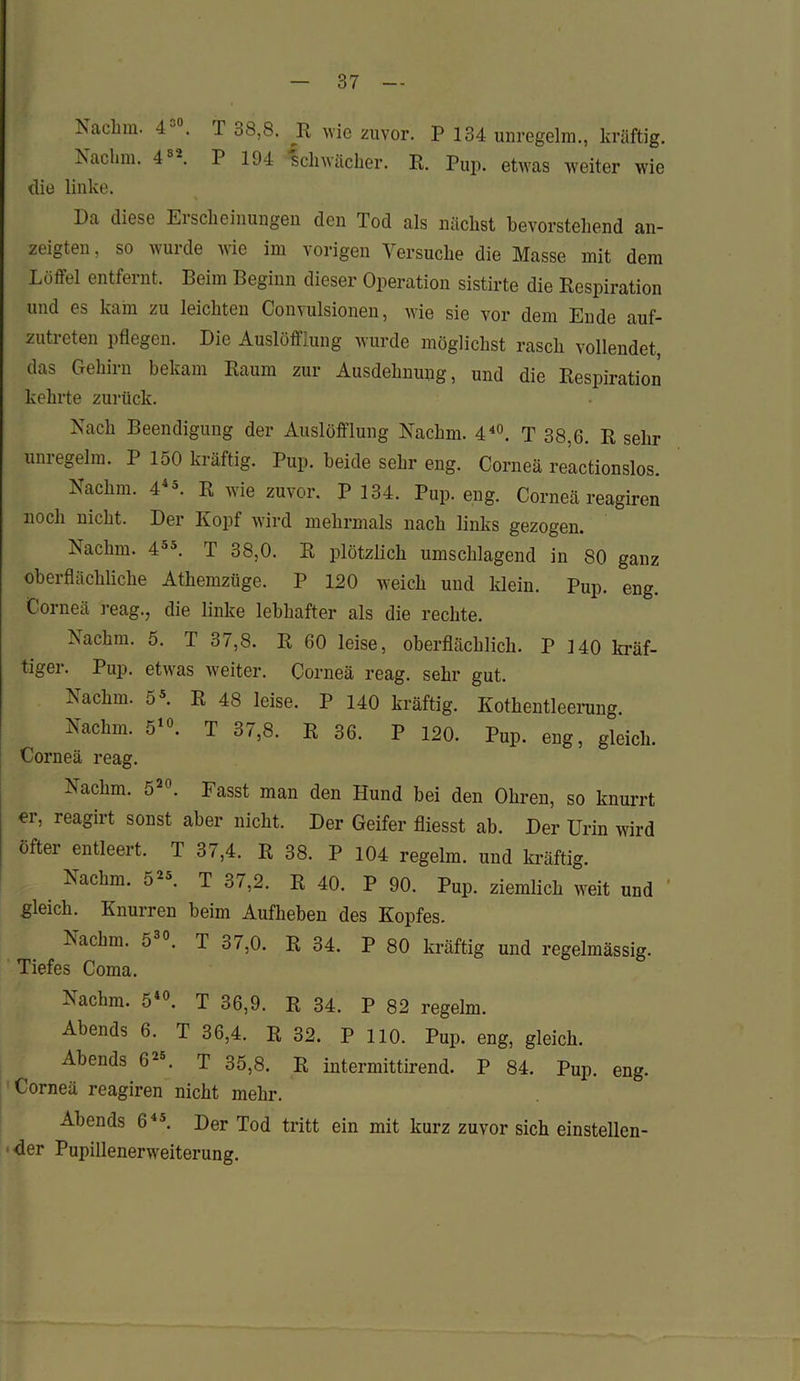 Nachm. 4 . 1 08,8. R wie zuvor. P 134 unregelm., kräftig. Nachm. 4 '. P 194 schwächer. R. Pup. etwas weiter wie die linke. Da diese Eischeinungen den J od als nächst bevorstehend an- zeigten, so wurde wie im vorigen Versuche die Masse mit dem Löffel entfernt. Beim Beginn dieser Operation sistirte die Respiration und es kam zu leichten Convulsionen, wie sie vor dem Ende auf- zutieten pflegen. Die Auslöfflung wurde möglichst rasch vollendet, das Gehirn bekam Raum zur Ausdehnung, und die Respiration kehrte zurück. Nach Beendigung der Auslöfflung Nachm. 440. T 38,6. R sehr unregelm. P 150 kräftig. Pup. beide sehr eng. Corneä reactionslos. Nachm. 44a. R wie zuvor. P 134. Pup. eng. Corneä reagiren noch nicht. Der Kopf wird mehrmals nach links gezogen. Nachm. 45a. T 38,0. R plötzlich umschlagend in 80 ganz oberflächliche Athemzüge. P 120 weich und klein. Pup. eng. Corneä reag., die linke lebhafter als die rechte. Nachm. 5. T 37,8. R 60 leise, oberflächlich. P 140 kräf- tiger. Pup. etwas weiter. Corneä reag. sehr gut. Nachm. 5S. R 48 leise. P 140 kräftig. Kothentleerung. Nachm. 510. T 37,8. R 36. P 120. Pup. eng, gleich. Corneä reag. Nachm. 5 . Fasst man den Hund bei den Ohren, so knurrt ei, reagirt sonst aber nicht. Der Geifer fliesst ab. Der Urin wird öfter entleert. T 37,4. R 38. P 104 regelm. und kräftig. Nachm. 525. T 37,2. R 40. P 90. Pup. ziemlich weit und gleich. Knurren beim Aufheben des Kopfes. Nachm. 530. T 37,0. R 34. P 80 kräftig und regelmässig. Tiefes Coma. Nachm. 540. T 36,9. R 34. P 82 regelm. Abends 6. T 36,4. R 32. P 110. Pup. eng, gleich. Abends 625. T 35,8. R intermittirend. P 84. Pup. eng. Corneä reagiren nicht mehr. Abends 645. Der Tod tritt ein mit kurz zuvor sich einstellen- der Pupillenerweiterung.