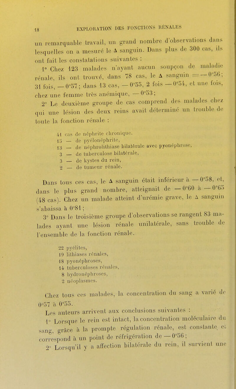 un remarquable travail, un grand nombre d'observations dans lesquelles on a mesuré le A sanguin. Dans plus de 300 cas, ils ont fait les constatations suivantes : 1° Chez 123 malades n'ayant aucun soupçon de maladie rénale, ils ont trouvé, dans 78 cas, le A sanguin =-0o6; 31 fois, _0°57; dans 13 cas, -O^SS, 2 fois -OTit, et une fois, chez une femme très anémique, — 0°53; 2 Le deuxième groupe de cas comprend des malades chez qui une lésion des deux reins avait déterminé un trouble de toute la fonction rénale : 41 cas de néphrite chronique. l'^ — de pyélonéphrite, 13 — de néphrolithiase bilatérale avec pyonéphrose, 3 _ de tuberculose bilatérale, 3 — de kystes du rein, 2 — de tumeur rénale. Dans tous ces cas, le A sanguin était inférieur à — O^SS, et, dans le plus grand nombre, atteignait de — 060 à — O^Gri (48 cas). Chez un malade atteint d'urémie grave, le A sanguin s'abaissa à 0°81 ; 3° Dans le troisième groupe d'observations se rangent 83 ma- lades ayant une lésion rénale unilatérale, sans trouble de l'ensemble de la fonction rénale. 22 pyélites, 19 lithiases rénales, 18 pyonéphroses, 14 tuberculoses rénales, 8 hydronéphroses, 2 néoplasmes. Chez tous CCS malades, la concentration du sang a varié do 0»o7 à 0°o5. Les auteurs arrivent aux conclusions suivantes : 1 Lorsque le rein est intact, la concentration moléculaire du sancr, grâce à la prompte régulation rénale, est constante e;, correspond à un point de réfrigération de -0»56; 2 Lorsqu'il y a affection bilatérale du rein, il survient une