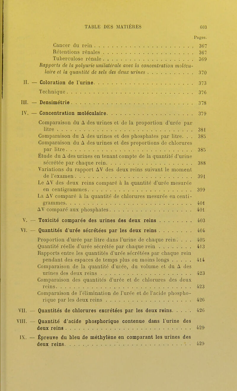 Pages. Cancer du rein 3G7 Rétentions rénales 367 Tuberculose rénale 36& Rapports de la pobjurie unilatérale avec la concentration molécu- laire et la quantité de sels des deux urines 370 H. — Coloration de l'urine 373 Technique 376 m. — Densimétrie 378 IV. — Concentration moléculaire 379 Comparaison du A des urines et de la proportion d'urée par litre 381 Comparaison du A des urines et des phosphates par litre. . . 385 Comparaison du A des urines et des proportions de chlorures par litre 385 Étude du A des urines en tenant compte de la quantité d'urine sécrétée par chaque rein 388 Variations du rapport AV des deux reins suivant le moment de l'examen 391 Le AV des deux reins comparé à la quantité d'urée mesurée en centigrammes 399 La AV comparé à la quantité de chlorures mesurée en centi- grammes 401 AV comparé aux phosphates 401 V. — Toxicité comparée des urines des deux reins 403 VI. — Quantités d'urée sécrétées par les deux reins 404 Proportion d'urée par litre dans l'urine de chaque rein .... 405 Quantité réelle d'urée sécrétée par chaque l'ein 413 Rapports entre les quantités d'urée sécrétées par chaque rein pendant des espaces de temps plus ou moins longs 414 Comparaison de la quantité d'uiée, du volume et du A des urines des deux reins 423 Comparaison des quantités d'urée et de chlorures des deux reins , 423 Comparaison de l'élimination de l'urée et de l'acide phospho- rique par les deux reins 42& VII. — Quantités de chlorures excrétées par les deux reins 426 Vin. — Quantité d'acide phosphorique contenue dans l'urine des deux reins 429- l.\. — Épreuve du bleu de méthylène en comparant les urines des deux reins 429