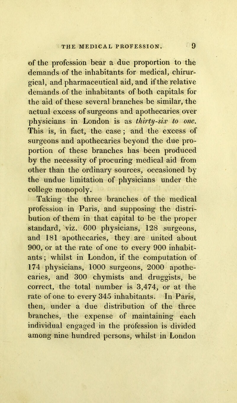 of the profession bear a due proportion to the demands of the inhabitants for medical, chirur- gical, and pharmaceutical aid, and if the relative demands of the inhabitants of both capitals for the aid of these several branches be similar, the actual excess of surgeons and apothecaries over physicians in London is as thirty-six to one. This is, in fact, the case ; and the excess of surgeons and apothecaries beyond the due pro- portion of these branches has been produced by the necessity of procuring medical aid from other than the ordinary sources, occasioned by the undue limitation of physicians under the college monopoly. Taking the three branches of the medical profession in Paris, and supposing the distri- bution of them in that capital to be the proper standard, viz. 600 physicians, 128 surgeons, and 181 apothecaries, they are united about 900, or at the rate of one to every 900 inhabit- ants ; whilst in London, if the computation of 174 physicians, 1000 surgeons, 2000 apothe- caries, and 300 chymists and druggists, be correct, the total number is 3,474, or at the rate of one to every 345 inhabitants. In Paris, then, under a due distribution of the three branches, the expense of maintaining each individual engaged in the profession is divided among nine hundred persons, whilst in London