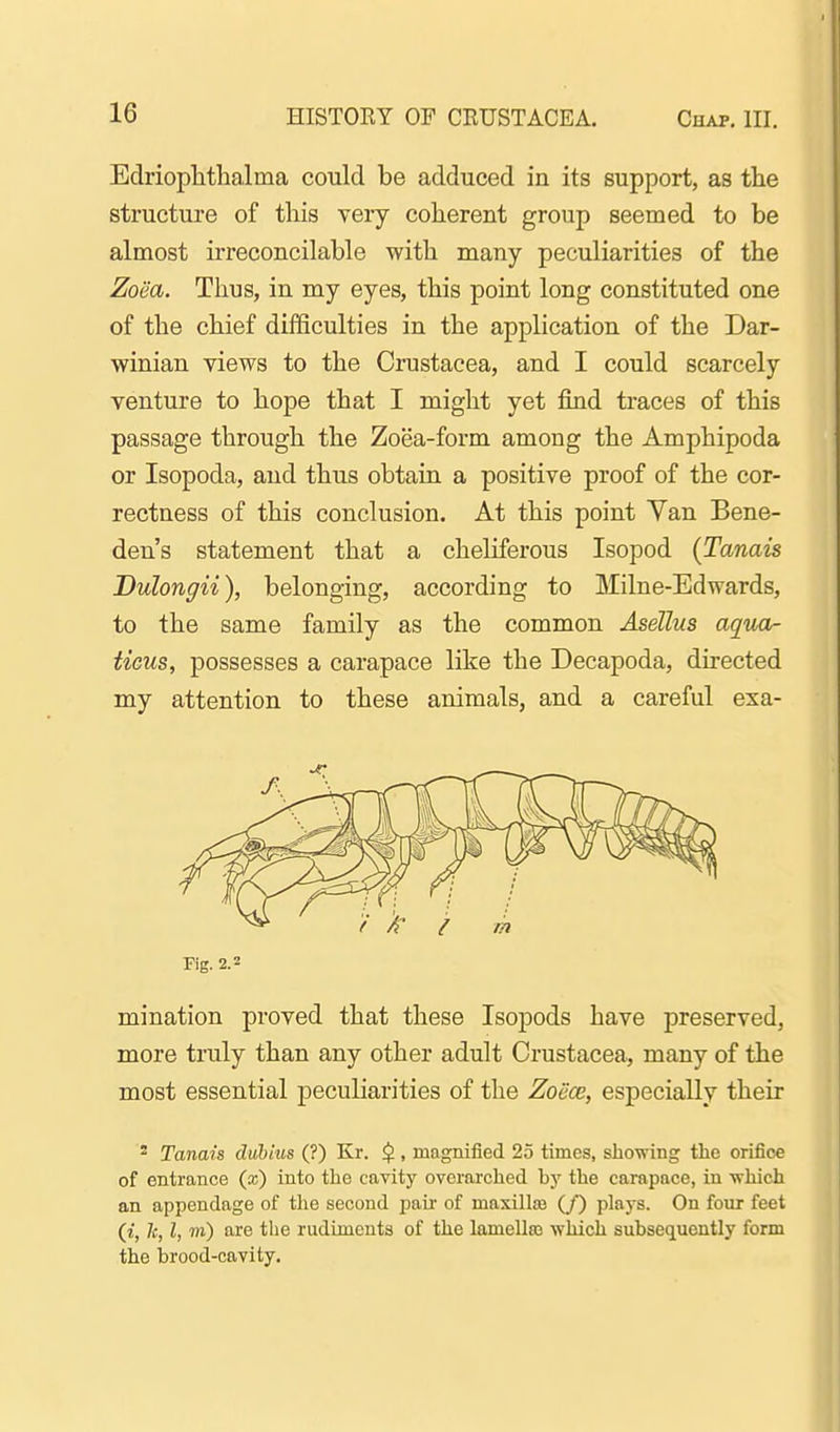 Edrioplithalma could be adduced in its support, as the structure of this very coherent group seemed to be almost irreconcilable with many peculiarities of the Zoea. Thus, in my eyes, this point long constituted one of the chief difficulties in the application of the Dar- winian views to the Crustacea, and I could scarcely venture to hope that I might yet find traces of this passage through the Zoea-form among the Amphipoda or Isopoda, and thus obtain a positive proof of the cor- rectness of this conclusion. At this point Yan Bene- den's statement that a cheliferous Isopod {Tanais Dulongii), belonging, according to Milne-Edwards, to the same family as the common Asellus aqua- ticus, possesses a carapace like the Decapoda, directed my attention to these animals, and a careful exa- Fig. 2.2 mination proved that these Isopods have preserved, more truly than any other adult Crustacea, many of the most essential peculiarities of the Zoiice, especially their * Tanais duhius (?) Kr. $ , magnified 25 times, showing the orifice of entrance (x) into the cavity overarched hy the carapace, in •which an appendage of the second pair of maxillsa (/) plays. On four feet (t, h, I, m) are the rudiments of the lamellas which subsequently form the brood-cavity.