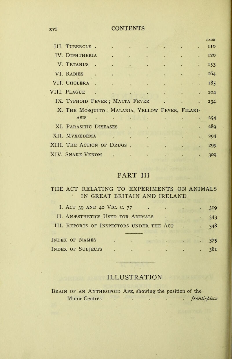 PAGE III. Tubercle . . . . . . .no IV. Diphtheria . . . . . .120 V. Tetanus . . . . . . 153 VI. Rabies ....... 164 VII. Cholera ....... 185 VIII. Plague ....... 204 IX. Typhoid Fever ; Malta Fever . . . 234 X. The Mosquito : Malaria, Yellow Fever, Filari- ASIS ....... 254 XI. Parasitic Diseases . . . . .289 XII. Myxcedema ...... 294 XIII. The Action of Drugs . . . . -299 XIV. Snake-Venom . . . . . -309 PART III THE ACT RELATING TO EXPERIMENTS ON ANIMALS IN GREAT BRITAIN AND IRELAND I. Act 39 and 40 Vic. c. 77 . . . . 319 II. Anaesthetics Used for Animals . . -343 III. Reports of Inspectors under the Act . . 348 Index of Names . . . . . -375 Index of Subjects . . . . . .381 ILLUSTRATION Brain of an Anthropoid Ape, showing the position of the Motor Centres ..... frontispiece