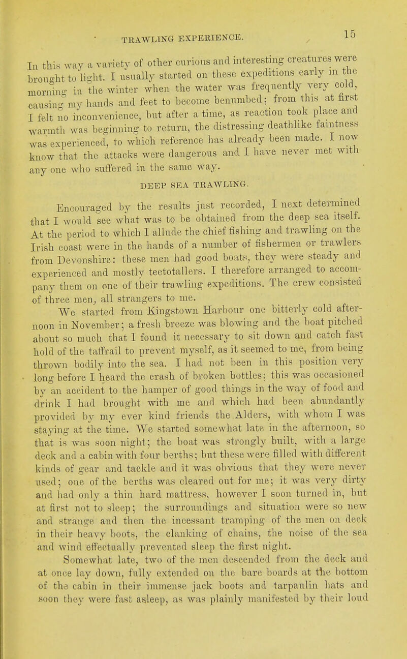 In this way a variety of other curious and interesting creatures were broua-httoli-ht. I usually started on these expeditions early ni the mornino- in the winter when the water was frequently very cold causino-my hands and feet to become benumbed; from this at far.st I felt no inconvenience, but after a time, as reaction took place and warmth was beginning to return, the distressing deathlike faintness was experienced, to which reference has already been made. I now know that the attacks were dangerous and 1 liave never met witli any one who suffered in the same way. DEEP SEA TRAWLING. Encouraged by the results just recorded, I next determined that I Avould see what was to be obtained from the deep sea itself. At the period to which I allude the chief fishing and trawling on the Irish coast were in the hands of a number of fishermen or trawlers from Devonshire: these men had good boats, they were steady and experienced and mostly teetotallers. I therefore arranged to accom- pany them on one of their trawling expeditions. The crew consisted of three men^ all strangers to me. We started from Kingstown Harbour one bitterly cold after- noon in November; a fresh breeze was blowing and the boat pitched about so much that I found it necessary to sit down and catch fast hold of the talfrail to prevent myself, as it seemed to me, from being thrown bodily into the sea. I had not been in this position very long before I heard the crash of broken bottles; this was occasioned by an accident to the hamper of good things in the way of food aiul drink I had brought with me and which had been abundantly provided by my ever kind friends the Alders, with whom I was stajnng at the time. We started somewhat late in the afternoon, so that is was soon night; the boat was strongly built, with a large deck and a cabin with four berths; but these were filled witli different kinds of gear and tackle and it was obvious that tliey were never used; one of the bertlis was cleared out for me; it was very dirty and had only a thin hard mattress, however I soon turned in, but at first not to sleep; tlie surroundings and situation were so new and strange and then the incessant tramping of tlie men o)i deck in their heavy ])Oots, the clanking of chains, the noise of the sea and wind effectually prevented sleep the first night. Somewhat late, two of the men descended from the deck and at once lay down, fully extended on the bare boards at the bottom of the cabin in their immense jack boots and tarpaulin hats and Hoon they were fast aaleep, as was plainly manifested by their loud