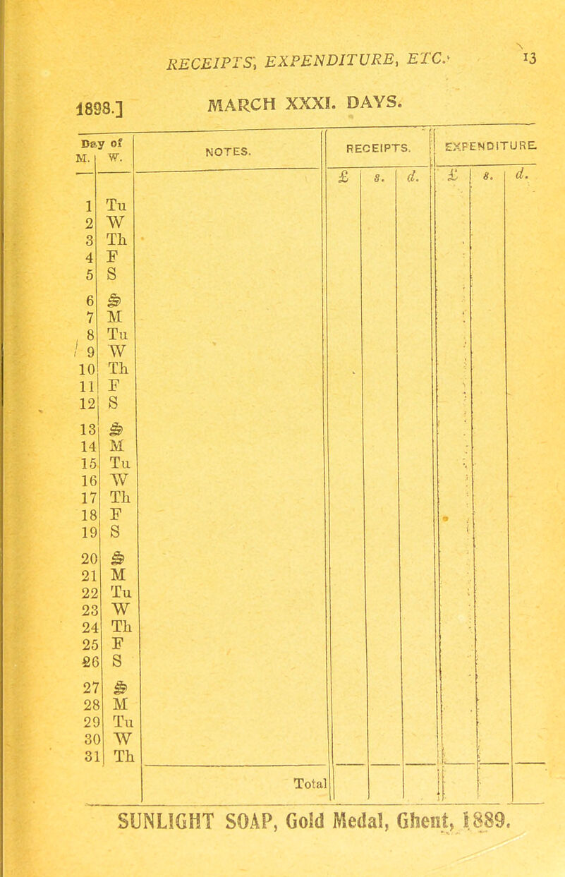 1898.] Day of M. W. Tu W Th F S & M Tu W Th F S 5 M Tu W Th F S M Tu W Th F S 27 28 29 30 31 M Tu W Th MARCH XXXI. DAYS. NOTES. RECEIPTS. Total d. EXPENDITURE, V, d.