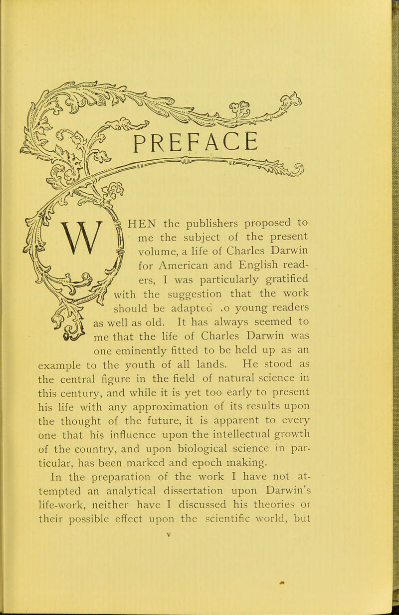 HEN the publishers proposed to me the subject of the present volume, a life of Charles Darwin ^1 for American and English read- ers, I was particularly gratified with the suggestion that the work should be adapted .o young readers as well as old. It has always seemed to me that the life of Charles Darwin was one eminently fitted to be held up as an example to the youth of all lands. He stood as the central figure in the field of natural science in this century, and while it is yet too early to present his life with any approximation of its results upon the thought of the future, it is apparent to every one that his influence upon the intellectual growth of the country, and upon biological science in par- ticular, has been marked and epoch making. In the preparation of the work I have not at- tempted an analytical dissertation upon Darwin's life-work, neither have I discussed his theories or their possible effect upon the scientific world, but