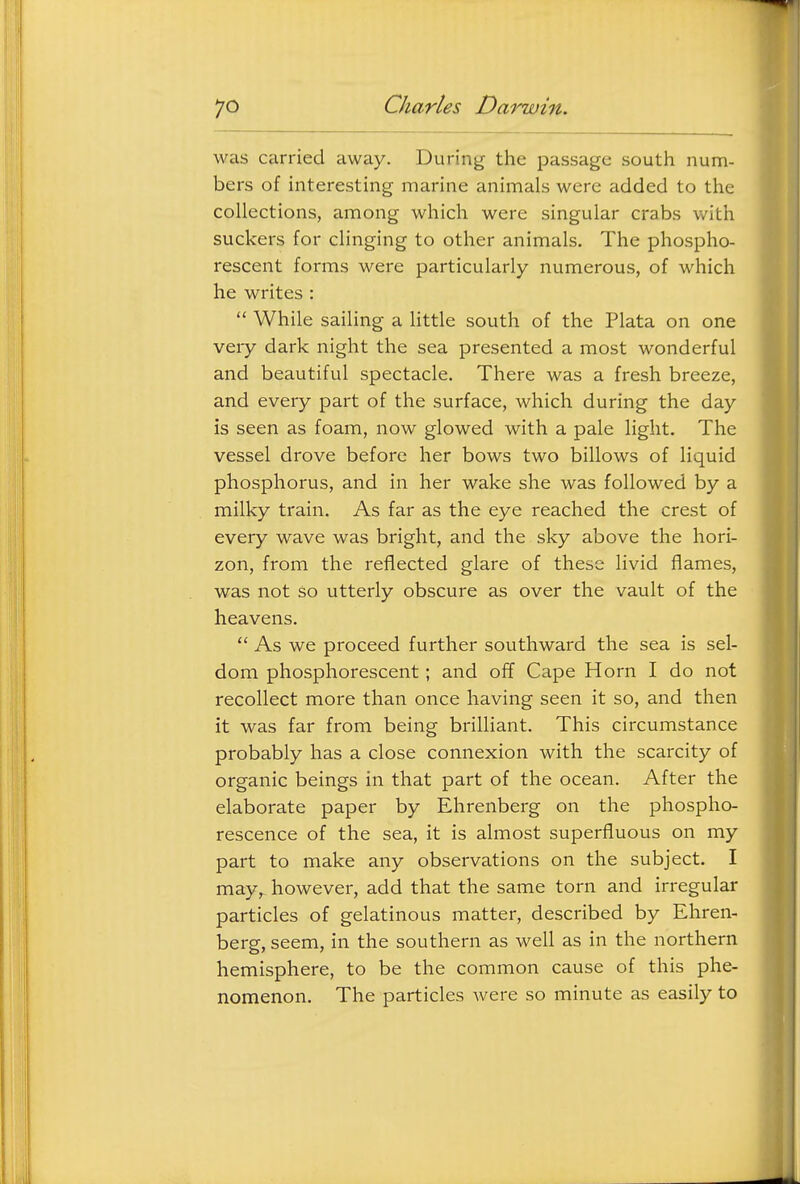 was carried away. During the passage south num- bers of interesting marine animals were added to the collections, among which were singular crabs with suckers for clinging to other animals. The phospho- rescent forms were particularly numerous, of which he writes :  While sailing a little south of the Plata on one very dark night the sea presented a most wonderful and beautiful spectacle. There was a fresh breeze, and every part of the surface, which during the day is seen as foam, now glowed with a pale light. The vessel drove before her bows two billows of liquid phosphorus, and in her wake she was followed by a milky train. As far as the eye reached the crest of every wave was bright, and the sky above the hori- zon, from the reflected glare of these livid flames, was not so utterly obscure as over the vault of the heavens.  As we proceed further southward the sea is sel- dom phosphorescent; and off Cape Horn I do not recollect more than once having seen it so, and then it was far from being brilliant. This circumstance probably has a close connexion with the scarcity of organic beings in that part of the ocean. After the elaborate paper by Ehrenberg on the phospho- rescence of the sea, it is almost superfluous on my part to make any observations on the subject. I may,_ however, add that the same torn and irregular particles of gelatinous matter, described by Ehren- berg, seem, in the southern as well as in the northern hemisphere, to be the common cause of this phe- nomenon. The particles Avere so minute as easily to