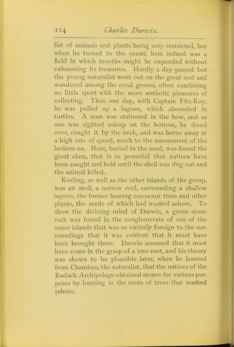list of animals and plants being very restricted, but when he turned to the ocean, here indeed was a field in which months might be expended without exhausting its treasures. Hardly a day passed but the young naturalist went out on the great reef and wandered among the coral groves, often combining no little sport with the more aesthetic pleasures of collecting. Thus one day, with Captain Fitz-Roy, he was pulled up a lagoon, which abounded in turtles. A man was stationed in the bow, and as one was sighted asleep on the bottom, he dived over, caught it by the neck, and was borne away at a high rate of speed, much to the amusement of the lookers on. Here, buried in the mud, was found the giant clam, that is so powerful that natives have been caught and held until the shell was dug out and the animal killed. Keeling, as well as the other islands of the group, was an atoll, a narrow reef, surrounding a shallow lagoon, the former bearing cocoa-nut trees and other plants, the seeds of which had washed ashore. To show the divining mind of Darwin, a green stone rock was found in the conglomerate of one of the outer islands that was so entirely foreign to the sur- roundings that it was evident that it must have been brought there. Darwin assumed that it must have come in the grasp of a tree root, and his theory was shown to be plausible later, when he learned from Chamisso, the naturalist, that the natives of the Radack Archipelago obtained stones for various pur- poses by hunting in the roots of trees that washed ashore.