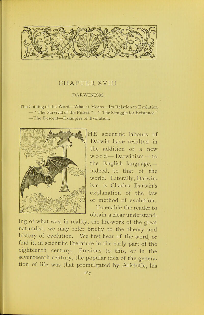 CHAPTER XVIII. DARWINISM. The Coining of the Word—What it Means—Its Relation to Evolution — The Survival of the Fittest — The Struggle for Existence  —The Descent—Examples of Evolution. HE scientific labours of Darwin have resulted in the addition of a new- word — Darwinism — to the English language,—■ indeed, to that of the world. Literally, Darwin- ism is Charles Darwin's explanation of the law or method of evolution. To enable the reader to obtain a clear understand- ing of what was, in reality, the life-work of the great naturalist, we may refer briefly to the theory and history of evolution. We first hear of the word, or find it, in scientific literature in the early part of the eighteenth century. Previous to this, or in the seventeenth century, the popular idea of the genera- tion of life was that promulgated by Aristotle, his