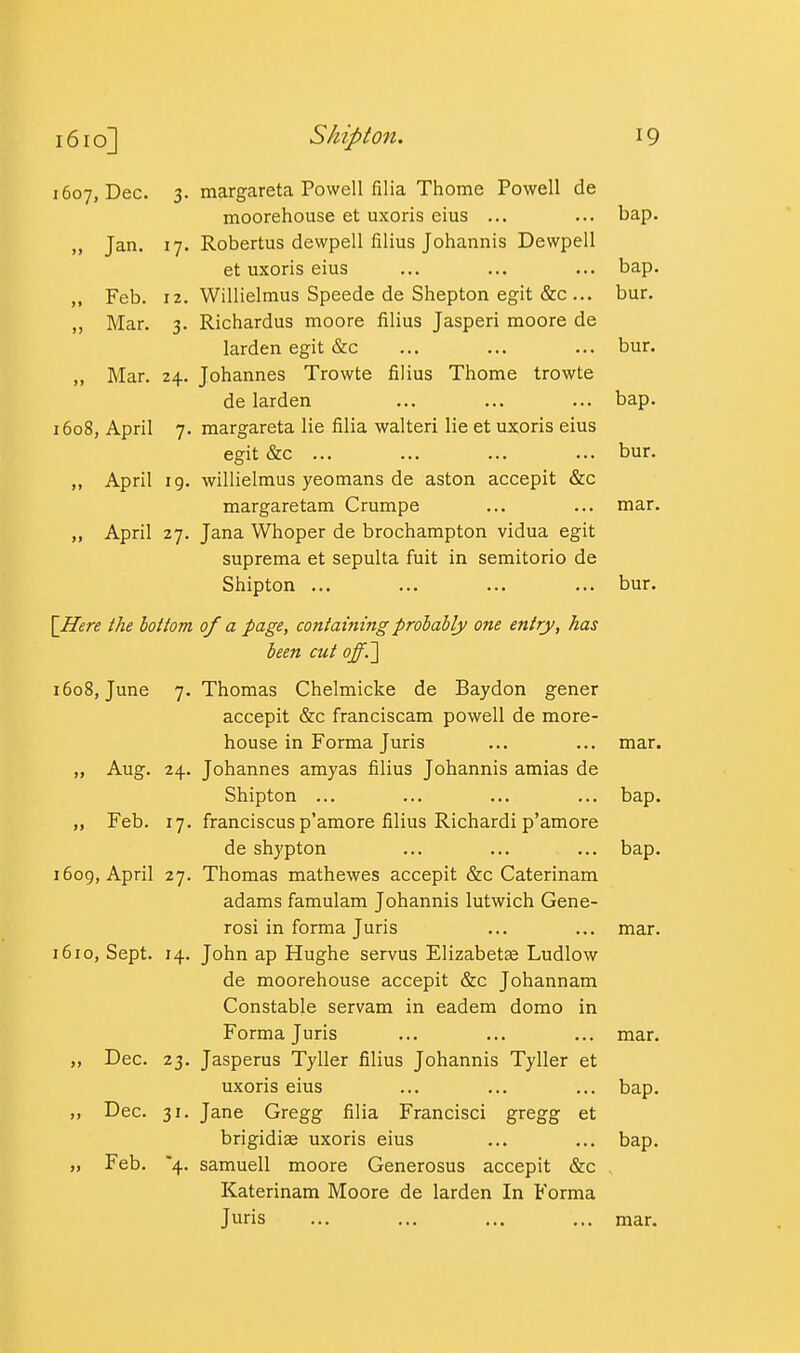 1607, Dec. 3. margareta Powell filia Thome Powell de moorehouse et uxoris eius ... ... bap. ,, Jan. 17. Robertus dewpell filius Johannis Dewpell et uxoris eius ... ... ... bap. „ Feb. 12. Willielmus Speede de Shepton egit &c ... bur. „ Mar. 3. Richardus moore filius Jasperi moore de larden egit &c ... ... ... bur. „ Mar. 24. Johannes Trowte filius Thome trowte de larden ... ... ... bap. 1608, April 7. margareta lie filia walteri lie et uxoris eius egit &c ... ... ... ... bur. „ April 19. willielmus yeomans de aston accepit &c margaretam Crumpe ... ... mar. April 27. Jana Whoper de brochampton vidua egit suprema et sepulta fuit in semitorio de Shipton ... ... ... ... bur. \Here the bottom of a page, contatnmg probably one entry, has been cut off.'\ 1608, June 7. Thomas Chelmicke de Baydon gener accepit &c franciscam powell de more- house in Forma Juris ... ... mar. „ Aug. 24. Johannes amyas filius Johannis amias de Shipton ... ... ... ... bap. „ Feb. 17. franciscus p'amore filius Richardi p'amore de shypton ... ... ... bap. 1609, April 27. Thomas mathewes accepit &c Caterinam adams famulam Johannis lutwich Gene- rosi in forma Juris ... ... mar. 1610, Sept. 14. John ap Hughe servus Elizabetse Ludlow de moorehouse accepit &c Johannam Constable servam in eadem domo in Forma Juris ... ... ... mar. „ Dec. 23. Jasperus Tyller filius Johannis Tyller et uxoris eius ... ... ... bap. „ Dec. 31. Jane Gregg filia Francisci gregg et brigidiae uxoris eius ... ... bap. ,, Feb. 4. samuell moore Generosus accepit &c . Katerinam Moore de larden In Forma Juris ... ... ... ... mar.