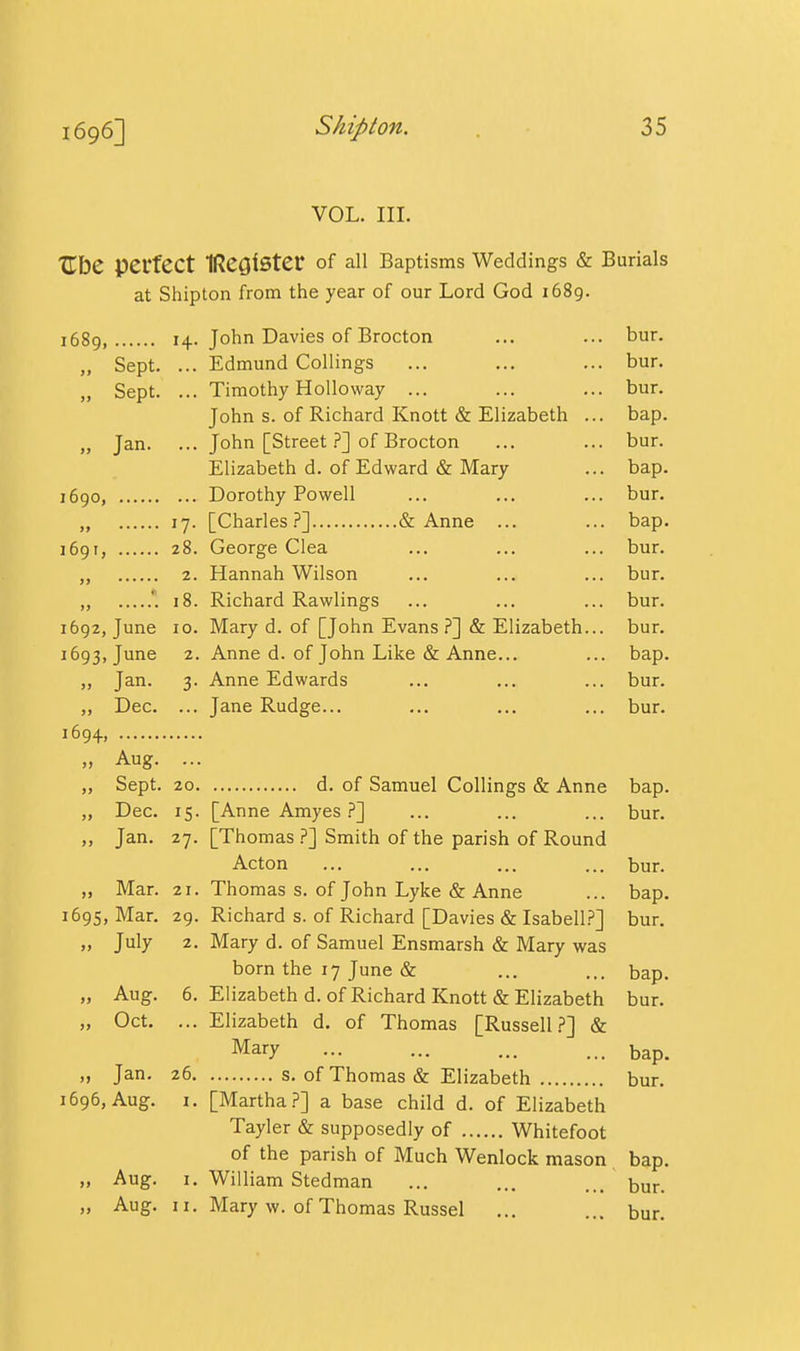 VOL. III. Ube perfect IRe^lSter of all Baptisms Weddings & Burials at Shipton from tlie year of our Lord God 1689. 1689, 14. John Davies of Brocton ... ... bur. „ Sept. ... Edmund Collings ... ... ... bur. „ Sept. ... Timothy Holloway ... ... ... bur. John s. of Richard Knott & Elizabeth ... bap. „ Jan. ... John [Street.?] of Brocton ... ... bur. Elizabeth d. of Edward & Mary ... bap. 1690, Dorothy Powell ... ... ... bur. „ 17. [Charles.?] & Anne ... ... bap. 1691, 28. George Clea ... ... ... bur. „ 2. Hannah Wilson ... ... ... bur. . 18. Richard Rawlings ... ... ... bur. 1692, June 10. Mary d. of [John Evans ?] & Elizabeth... bur. 1693, June 2. Anne d. of John Like & Anne... ... bap. Jan. 3. Anne Edwards ... ... ... bur. „ Dec. ... Jane Rudge... ... ... ... bur. 1694, „ Aug. ... Sept. 20 d. of Samuel Collings & Anne bap. „ Dec. 15. [Anne Amyes.?] ... ... ... bur. Jan. 27. [Thomas .?] Smith of the parish of Round Acton ... ... ... ... bur. „ Mar. 21. Thomas s. of John Lyke & Anne ... bap. 169s, Mar. 29. Richard s. of Richard [Davies & Isabell?] bur. „ July 2. Mary d. of Samuel Ensmarsh & Mary was born the 17 June & ... ... bap. „ Aug. 6. Elizabeth d. of Richard Knott & Elizabeth bur. „ Oct, ... Elizabeth d. of Thomas [Russell.?] & Mary bap. „ Jan. 26 s. of Thomas & Elizabeth bur. 1696, Aug. I. [Martha.?] a base child d. of Elizabeth Tayler & supposedly of Whitefoot of the parish of Much Wenlock mason bap. „ Aug. I. William Stedman ... ... bur. „ Aug. II. Mary w. of Thomas Russel ... ... bur.