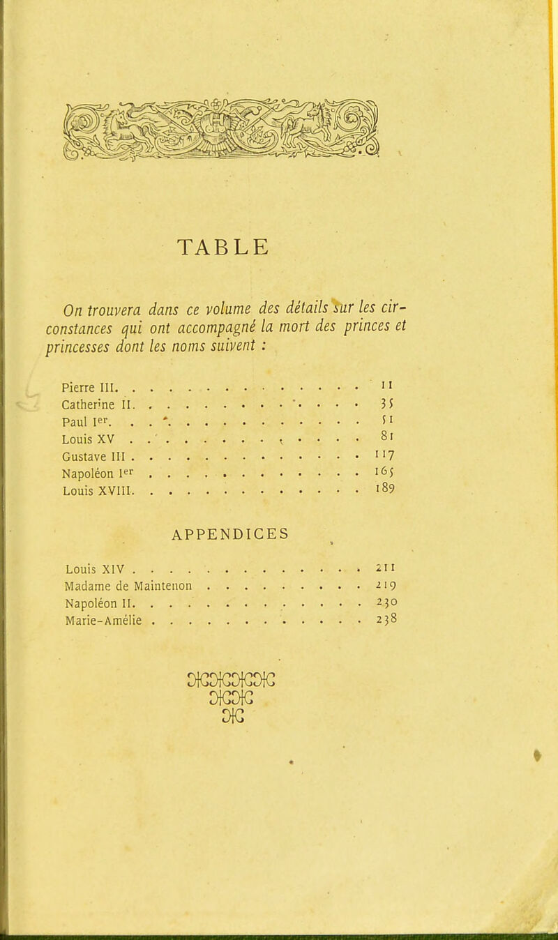 TABLE On trouvera dans ce volume des détails sur les cir- constances qui ont accompagné la mort des princes et princesses dont les noms suivent : Pierre III > ' Catherine II. •. . . . 3 5 Paul I. . . * 51 Louis XV . , . . . . 8i Gustave III 7 Napoléon 1 '65 Louis XVIII 89 APPENDICES 11 Louis XiV Madame de Maintenon -219 Napoléon II. 230 Marie-Amélie 238
