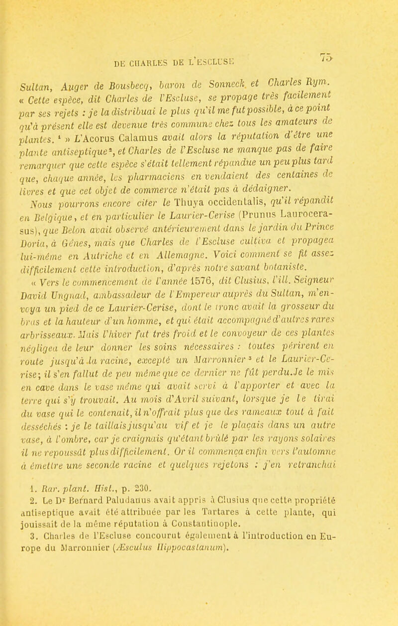 Sultan, Auger de Bousbecq, baron de Sonneck et Charles Bym,. « Cette espèce, dit Charles de l'Escluse, se propage très facilement par ses rejets : je la distribuai le plus qu'il me fut possible, à ce point qu'à présent elle est devenue très commune chez, tous les amateurs de plantes.1 » L'Acorus Calamus avait alors la réputation d'être une plante antiseptique1, et Charles de l'Escluse ne manque pas de faire remarquer que cette espèce s'était tellement répandue un peu plus tard que, chaque année, les pharmaciens en vendaient des centaines de livres et que cet objet de commerce n'était pas à dédaigner. Nous pourrons encore citer le Thuya occidentalis, qu'il répandit en Belgique, et en particulier le Laurier-Cerise (Prunus Laurocera- sus), que Belon avait observé antérieurement dans le jardin du Prince Bona, à Gênes, mais que Charles de l'Escluse cultiva et propagea lui-même en Autriche et en Allemagne. Voici comment se fit assez difficilement celte introduction, d'après notre savant botaniste. « Vers le commencement de l'année 1576, dit Clusius, l'ill. Seigneur David Ungnad, ambassadeur de iEmpereur auprès du Sultan, m'en- voya un pied de ce Laurier-Cerise, dont le tronc avait la grosseur du bras et la hauteur d'un homme, et qui était accompagné d'autres rares arbrisseaux. Mais l'hiver fut très froid et le convoyeur de ces plantes négligea de leur donner les soins nécessaires : toutes périrent en route jusqu'à .la racine, excepté un Marronnier 3 et le Laurier-Ce- rise; il s'en fallut de peu même que ce dernier ne fût perdu. Je le mis en cave dans le vase même qui avait servi à l'apporter et avec la terre qui s'y trouvait. Au mois d'Avril suivant, lorsque je le lirai du vase qui le contenait, iln'offrait plus que des rameaux tout à fait desséchés : je le taillais jusqu'au vif et je le plaçais dans un autre vase, à l'ombre, car je craignais qu'étant brûlé par les rayons solaires il ne repoussât plus difficilement. Or il commença enfui vers l'automne à émettre une seconde racine et quelques rejetons : j'en retranchai 1. Rar. plant. Hist., p. 230. 2. Le Dr Bernard Paludauus avait appris .'i Clusius que cette propriété antiseptique avait été attribuée par les Tartares à cette plante, qui jouissait de la même réputation à Constaulinople. 3. Chai les de l'Escluse concourut également à l'introduction en Eu- rope du Marronnier (/Esculus llippocaslanwn).