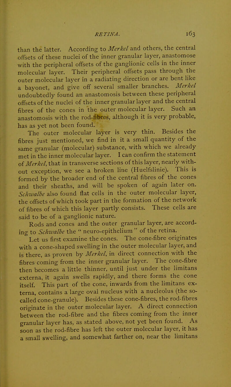 than the latter. According to Merkel and others, the central offsets of these nuclei of the inner granular layer, anastomose with the peripheral offsets of the ganglionic cells in the inner molecular layer. Their peripheral offsets pass through the outer molecular layer in a radiating direction or are bent like a bayonet, and give off several smaller branches. Merkel undoubtedly found an anastomosis between these peripheral offsets of the nuclei of the inner granular layer and the central fibres of the cones in the outer molecular layer. Such an anastomosis with the rod-fibres, although it is very probable, has as yet not been found. The outer molecular layer is very thin. Besides the fibres just mentioned, we find in it a small quantity of the same granular (molecular) substance, with which we already met in the inner molecular layer. I can confirm the statement of Merkel, that in transverse sections of this layer, nearly with- out exception, we see a broken line (Huelfslinie). This is formed by the broader end of the central fibres of the cones and their sheaths, and will be spoken of again later on. Schwalbe also found flat cells in the outer molecular layer, the offsets of which took part in the formation of the network of fibres of which this layer partly consists. These cells are said to be of a ganglionic nature. Rods and cones and the outer granular layer, are accord- ing to Schwalbe the  neuro-epithelium  of the retina. Let us first examine the cones. The cone-fibre originates with a cone-shaped swelling in the outer molecular layer, and is there, as proven by Merkel, in direct connection with the fibres coming from the inner granular layer. The cone-fibre then becomes a little thinner, until just under the limitans externa, it again swells rapidly, and there forms the cone itself. This part of the cone, inwards from the limitans ex- terna, contains a large oval nucleus with a nucleolus (the so- called cone-granule). Besides these cone-fibres, the rod-fibres originate in the outer molecular layer. A direct connection between the rod-fibre and the fibres coming from the inner granular layer has, as stated above, not yet been found. As soon as the rod-fibre has left the outer molecular layer, it has a small swelling, and somewhat farther on, near the limitans
