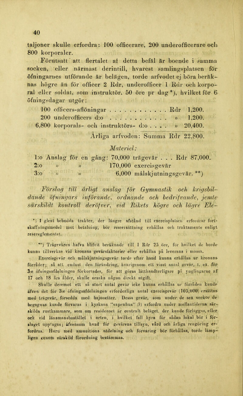 taijoner skulle erfordra: 100 officerare, 200 underofficerare och 800 korporaler. Förutsatt' att flertalet af detta befäl är boende i samma socken, eller närmast derintill, hvarest samlingsplatsen för öfningarnes utförande är belägen, torde arfvodet ej böra beräk- nas högre än för officer 2 Rdr, underofficer 1 Rar och korpo- ral eller soldat, som instruktör, 50 öre pr dag*), hvilket för & öfningsdagar utgör: 100 officers-aflöningar Rdr 1,200. 200 underofficers d:o » 1,200. 6,800 korporals- och instruktörs- d:o . . . . » 20,400. Ärliga arfvoden: Summa Rdr 22,800. Materiel: l:o Anslag för en gång: 70,000 trägevär . . . Rdr 87,000. o D ■ Of » . ' i ' o ' 2:o » » 170,000 exercisgevär 3:o h » 6,000 målskjutningsgevär. **) Förslag till ärligt anslag för Gymnastik och krigsbil- dande öf ning ars införande, ordnande och bedrifvande, jemte särshildt hontroll deröfver, vid Tältets högre och lägre Ele- *) I glest bebodda trakter, der längre afstånd till exercisplatsen erfordrar fort- skaffningsmedel mot betalning, bör reseersättning erhållas och traktamente enligt resereglementet. **) Trägevären hafva b 1 i f v i t beräknade till 1 Rdr 25 öre, för hvilket de borde- kanna tillverkas vid kronans gevärsfaktorier eller erhållas på leverans i massa. Exercisgevär och målskjutningsgevär torde efter hand kunna erhållas ur kronans- förråder; så att endast den tärändnng, hvaiigenom ett visst arttaJ gevär, t. ex. för 3:e öfningsafdelningen förkortades, för att göras lätthandterligare på ynglingarne af 17 och 18 års ålder, skulle orsaka någon direkt ntgift. Skulle deremot ett så stort antal gevär icke kunna erhållas ur förråden kunde äfven det för 3:e öfningsafdelningen erforderliga antal exercisgevär (105,000) ersätta» med trägevär, försedda med bajonetter. Dessa gevär, som under de sex veckor de begagnas kunde förvaras i kyrkans vapenhus''' [?) erfordra under mellantiderna sär- skilda rustkammare, som om residenset är centralt beläget, der knnde förläggas;, eller ock vid länsmansbostället i orten, i hvilket fall hyra för sådan lokal bör i för- slaget upptagas; äfvensom hvad för gevärens tillsyu, vård och årliga rengöring er- fordras. Huru med amuoitions utdelning och förvaring bör förhållas, torde lämp- ligen genom särskild förordning bestämmas.
