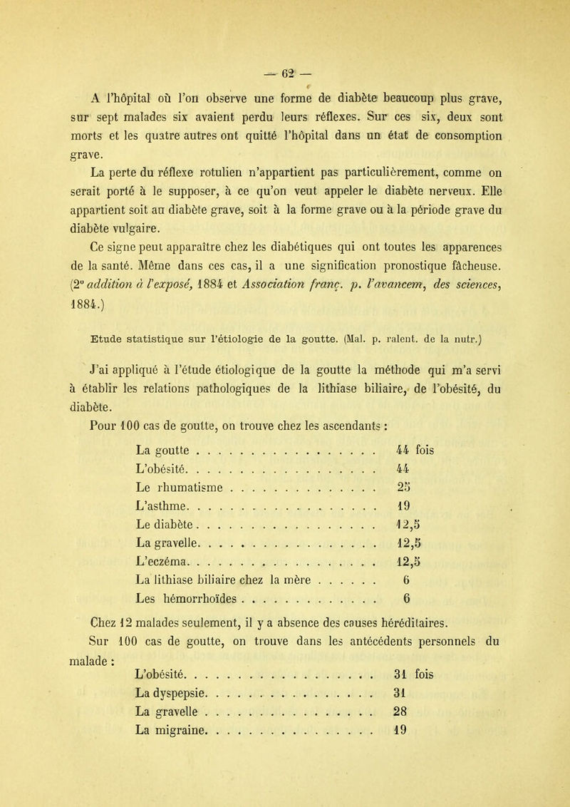 A l'hôpital où l'on observe une forme de diabète beaucoup plus grave, sur sept malades six avaient perdu leurs réflexes. Sur ces six, deux sont morts et les quatre autres ont quitté l'hôpital dans un état de consomption grave. La perte du réflexe rotulien n'appartient pas particulièrement, comme on serait porté à le supposer, à ce qu'on veut appeler le diabète nerveux. Elle appartient soit au diabète grave, soit à la forme grave ou à la période grave du diabète vulgaire. Ce signe peut apparaître chez les diabétiques qui ont toutes les apparences de la santé. Même dans ces cas, il a une signification pronostique fâcheuse. {^addition à l'exposé, 1884 et Association franc, p. l'avancent^ des sciences, 1884.) Etude statistique sur l'étiologie de la goutte. (Mal. p. raient, de la nutr.) J'ai appliqué à l'étude étiologique de la goutte la méthode qui m'a servi à établir les relations pathologiques de la lithiase biliaire, de l'obésité, du diabète. Pour 100 cas de goutte, on trouve chez les ascendants : La goutte 44 fois L'obésité 44 Le rhumatisme 25 L'asthme 19 Le diabète 12,3 La gravelle 12,5 L'eczéma 12,5 La lithiase biliaire chez la mère 6 Les hémorrhoïdes 6 Chez 12 malades seulement, il y a absence des causes héréditaires. Sur 100 cas de goutte, on trouve dans les antécédents personnels du malade : L'obésité 31 fois La dyspepsie 31 La gravelle 28 La migraine 19