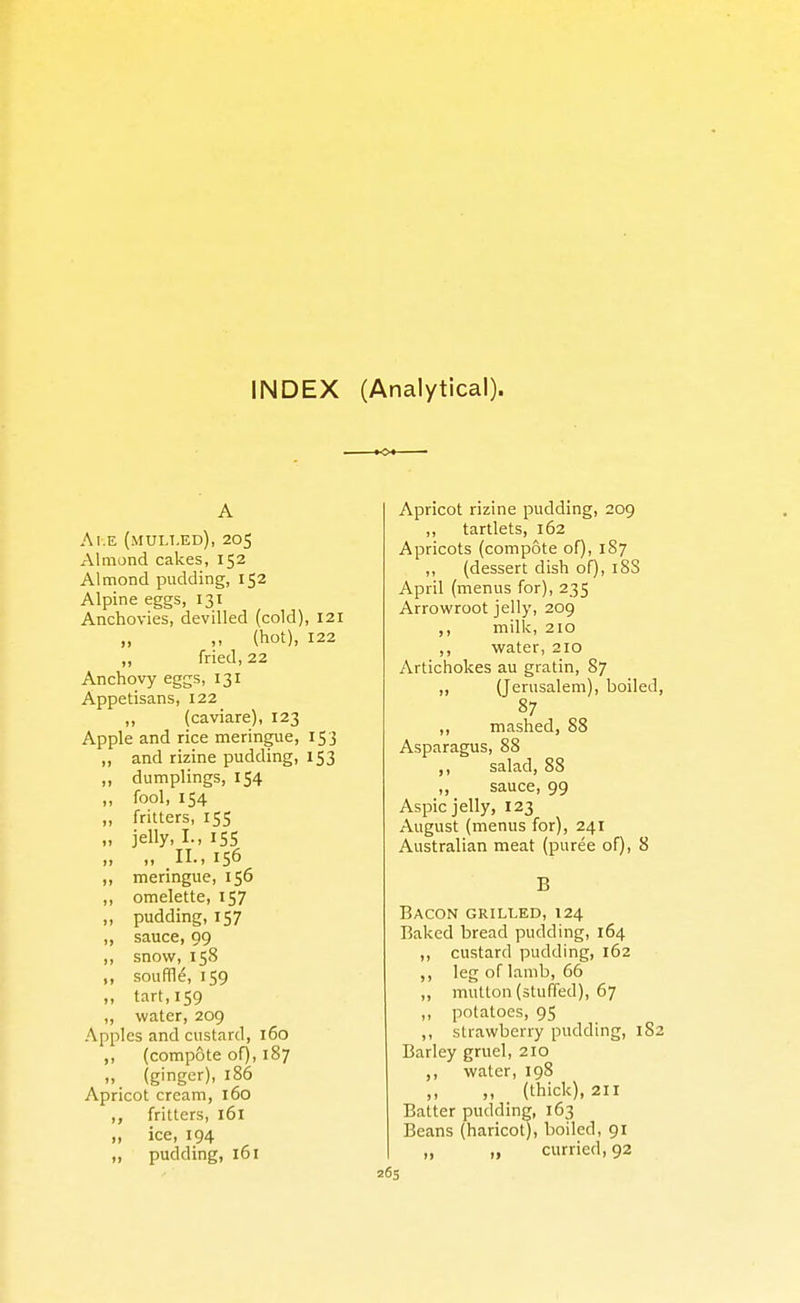 INDEX (Analytical). A Ai.E (muu.ed), 205 Almond cakes, 152 Almond pudding, 152 Alpine eggs, 131 Anchovies, devilled (cold), 121 „ (hot), 122 ,, fried, 22 Anchovy eggs, 131 Appetisans, 122 „ (caviare), 123 Apple and rice meringue, 153 „ and rizine pudding, 153 „ dumplings, 154 „ fool, 154 ,, fritters, 155 „ jelly, I., 155 „ „ II., 156 ,, meringue, 156 ,, omelette, 157 „ pudding, 157 „ sauce, 99 ,, snow, 158 ,, souffld, 159 „ tart, 159 „ water, 209 Apples and custard, 160 „ (compote of), 187 ... (ginger), 186 Apricot cream, 160 ,, fritters, 161 „ ice, 194 „ pudding, 161 Apricot rizine pudding, 209 ,, tartlets, 162 Apricots (compote of), 187 ,, (dessert dish of), 18S April (menus for), 235 Arrowroot jelly, 209 ,, milk, 210 ,, water, 210 Artichokes au gratin, 87 „ (Jerusalem), boiled, 87 ,, mashed, 88 Asparagus, 88 ,, salad, 88 ,, sauce, 99 Aspic jelly, 123 August (menus for), 241 Australian meat (puree of), 8 B Bacon grilled,124 Baked bread pudding, 164 ,, custard pudding, 162 ,, leg of Iamb, 66 ,, mutton (stuffed), 67 ,, potatoes, 95 ,, strawberry pudding, 182 Barley gruel, 210 ,, water, 198 ,, ,, (thick), 211 Batter pudding, 163 Beans (haricot), boiled, 91 I „ „ curried, 92 '65