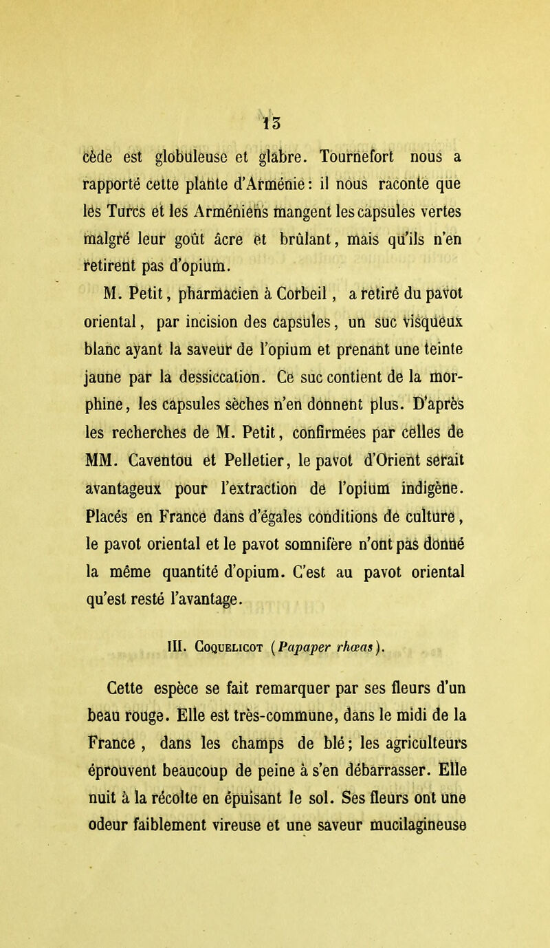 cède est globuleuse et glabre. Tournefort nous a rapporté celte platile d'Arménie : il nous raconte que les Turcs et les Arméniens mangent les capsules vertes malgré leur goût acre et brûlant, mais qu'ils n'en retirent pas d'opium. M. Petit, pharmacien à Cofbeil, a retiré du pavot oriental, par incision des capsules, un suc visqueux blanc ayant la saveur de l'opium et prenant une teinte jaune par la dessiccation. Ce suc contient de la mor- phine, les capsules sèches n'en donnent plus. D'après les recherches de M. Petit, confirmées par cèlles de MM. Caventou et Pelletier, le pavot d'Orient serait avantageux pour l'extraction de l'opium indigène. Placés en France dans d'égales conditions de culture, le pavot oriental et le pavot somnifère n'ont pas doniié la même quantité d'opium. C'est au pavot oriental qu'est resté l'avantage. III. Coquelicot {Papaper rhœas). Cette espèce se fait remarquer par ses fleurs d'un beau rouge. Elle est très-commune, dans le midi de la France , dans les champs de blé ; les agriculteui*s éprouvent beaucoup de peine à s'en débarrasser. Elle nuit à la récolte en épuisant le sol. Ses fleurs ont une odeur faiblement vireuse et une saveur mucilagineuse