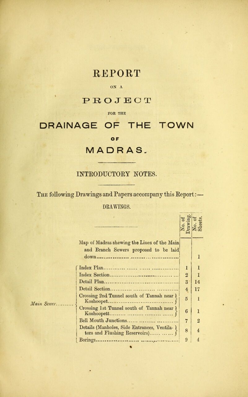 ON A F R O J E O T FOR THE DRAINAGE OF THE TOWN OF MADRAS. INTEODUCTOEY NOTES. The following Drawings and Papers accompany this Eeport r- DRAWINGS. Map of Madras shewing the Lines of the Main and Branch Sewers proposed to be laid down.,... , Main Sewer. Index Plan '. Index Section Detail Plan Detail Section , Crossing 2nd Tunnel south of Tannah near Koshoopet Crossing 1st Tunnel south of Tannah near Koshoopett j Bell Mouth Junctions , i Details (Manholes, Side Entrances, Ventila- I tors and Flushing Reservoirs) No. of Drawing. o ^ I 1 1 2 1 3 14 4 17 5 1 6 1 7 2 8 4