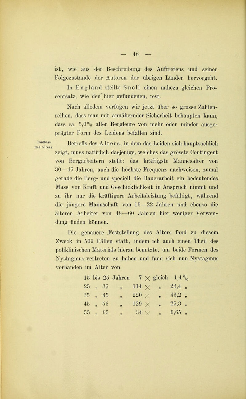 ist, wie aus der Beschreibung des Auftretens und seiner Folgezustände der Autoren der übrigen Länder hervorgeht. In England stellte Snell einen nahezu gleichen Pro- centsatz, wie den hier gefundenen, fest. Nach alledem verfügen wir jetzt über so grosse Zahlen- reihen, dass man mit annähernder Sicherheit behaupten kann, dass ca. 5,0% aller Bergleute von mehr oder minder ausge- prägter Form des Leidens befallen sind. Betreffs des Alters, in dem das Leiden sich hauptsächlich zeigt, muss natürlich dasjenige, welches das grösste Contingent von Bergarbeitern stellt: das kräftigste Mannesalter von 30—45 Jahren, auch die höchste Frequenz nachweisen, zumal gerade die Berg- und speciell die Hauerarbeit ein bedeutendes Mass von Kraft und Geschicklichkeit in Anspruch nimmt und zu ihr nur die kräftigere Arbeitsleistung befähigt, während die jüngere Mannschaft von 16 — 22 Jahren und ebenso die älteren Arbeiter von 48—60 Jahren hier weniger Verwen- dung finden können. Die genauere Feststellung des Alters fand zu diesem Zweck in 509 Fällen statt, indem ich auch einen Theil des poliklinischen Materials hierzu benutzte, um beide Formen des Nystagmus vertreten zu haben und fand sich nun Nystagmus vorhanden im Alter von 15 bis 25 Jahren 7 X gleich 1,4% 25 35 114 X „ 23,4 „ 35 45 220 X « 43,2 „ 45 » 55 129 X „ 25,3 „ 55 n 65 5) 34 X 6,65 „