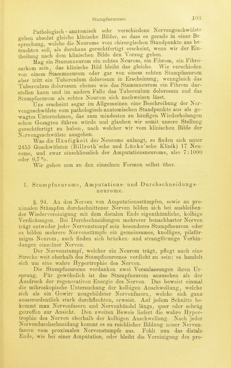 Stumpfneui'ome. Pathologisch - anatomisch sehr verschiedene Nervengeschwülste geben absolut gleiche klinische Bilder, so dass es gerade in einer Be- sprechung, welche die Neurome vom chirurgischen Staudpunkte aus be- trachten Toll, als durchaus gerechtfertigt erscheint, wenn wir der Ein- theilung nach dem klinischen Bilde den Vorzug geben. Mag ein Stammneurom ein echtes Neurom, ein Fibrom, ein Fibro- sarkom sein, das klinische Bild bleibt das gleiche. Wie verschieden von einem Stammneurom oder gar von einem echten Sturapfneurom aber tritt ein Tuberculum dolorosum in Erscheinung, wenngleich das Tuberculum dolorosum ebenso wie das Stammneurom ein Fibrom dar- stellen kann und im andern Falle das Tuberculum dolorosum und das Stumpfueurom als echtes Neurom sich nachweisen lässt. Uns erscheint sogar im Allgemeinen eine Beschreibung der Ner- vengeschwülste vom pathologisch-anatomischen Standpunkte aus als ge- wagtes Unternehmen, das zum mindesten zu häufigen Wiederholungen schon Gesagten führen würde und glauben wir somit unsere Stellung gerechtfertigt zu haben, nach welcher wir vom klinischen Bilde der Nervengeschwülste ausgehen. Was die Häufigkeit der Neurome anlangt, so finden sich unter 2453 Geschwülsten (Billroth'sehe und Lücke'sehe Klinik) 17 Neu- rome, und zwar einschliesslich der Amputationsneurome, also 7:1000 oder 0,70/0. Wir gehen nun zu den einzelnen Formen selbst über. 1. Stumpfneurome, Amputations- und Durchschneidungs- neurome. §. 94. Au den Nerven von Amputationsstümpfen, sowie an pro- ximalen Stümpfen durchschnittener Nerven bilden sieh bei ausbleiben- der Wiedervereinigung mit dem distalen Ende eigenthümliche, kolbige Verdickungen. Bei Durchschneidungen mehrerer benachbarter Nerven trägt entweder jeder Nervenstumpf sein besonderes Stumpfneurom oder es bilden mehrere Nervenstümpfe ein gemeinsames, knolliges, pilzför- miges Neurom, auch finden sich brücken- und strangförmige Verbin- dungen einzelner Nerven. Der Nervenstumpf, welcher ein Neurom trägt, pflegt auch eine Strecke weit oberhalb des Stumpfneuromes verdickt zu sein; es handelt sich um eine wahre Hypertrophie des Nerven. Die Stumpfaeurome verdanken zwei Veranlassungen ihren Ur- sprung. Für gewöhnlich ist das Stumpfneurom anzusehen als der Ausdruck der regenerativen Energie des Nerven. Das beweist einmal die mikroskopische Untersuchung der kolbigen Anschwellung, welche sich als ein Gewirr neugebildeter Nervenfasern, welche sich ganz ausserordentlich stark durchflechteu, erweist. Auf jedem Schnitte be- kommt man Nervenfasern und Nervenbündel längs, quer oder schräg getroffen zur Ansicht. Den zweiten Beweis liefert die wahre Hyper- trophie des Nerven oberhalb der kolbigen Anschwellung. Nach jeder Nervendurchschneidung kommt es zu reichlicher Bildung neuer Nerven- fasern vom proximalen Nervenstumpfe aus. Fehlt nun das distale Ende, wie bei einer Amputation, oder bleibt die Vereinigung des pro-