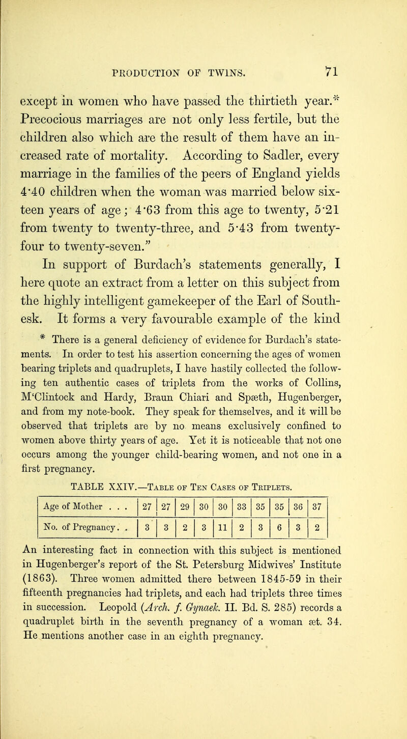 except in women who have passed the thirtieth year.^^ Precocious marriages are not only less fertile, but the children also which are the result of them have an in- creased rate of mortality. According to Sadler, every marriage in the families of the peers of England yields 4*40 children when the woman was married below six- teen years of age; 4*63 from this age to twenty, 5*21 from twenty to twenty-three, and 5-43 from twenty- four to twenty-seven. In support of Burdach's statements generally, I here quote an extract from a letter on this subject from the highly intelligent gamekeeper of the Earl of South- esk. It forms a very favourable example of the kind * There is a general deficiency of evidence for Burdacli's state- ments. In order to test his assertion concerning the ages of women bearing triplets and quadruplets, I have hastily collected the follow- ing ten authentic cases of triplets from the works of Collins, M'Clintock and Hardy, Braun Chiari and Spaeth, Hugenberger, and from my note-book. They speak for themselves, and it will be observed that triplets are by no means exclusively confined to women above thirty years of age. Yet it is noticeable that not one occurs among the younger child-bearing women, and not one in a first pregnancy. TABLE XXIV.—Table of Ten Cases of Teiplets. Age of Mother . . . 27 27 29 30 30 33 35 35 36 37 No. of Pregnancy. . 3 3 2 3 11 2 3 6 3 2 An interesting fact in connection with this subject is mentioned in Hugenberger's report of the St. Petersburg Midwives' Institute (1863). Three women admitted there between 1845-59 in their fifteenth pregnancies had triplets, and each had triplets three times in succession. Leopold {Arch. f. Gynaek. II. Bd. S. 285) records a quadruplet birth in the seventh pregnancy of a woman eet. 34. He mentions another case in an eighth pregnancy.