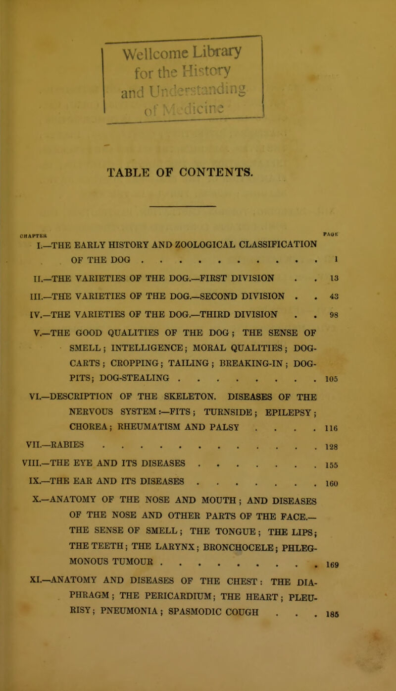 Wellcome Library for the History TABLE OF CONTENTS. CHAPTEU PAOE I.—THE EARLY HISTORY AND ZOOLOGICAL CLASSIFICATION OF THE DOG 1 II.—THE VARIETIES OF THE DOG.—FIRST DIVISION . . 13 III. —THE VARIETIES OF THE DOG.—SECOND DIVISION . . 43 IV. -THE VARIETIES OF THE DOG,—THIRD DIVISION . . 98 v.—THE GOOD QUALITIES OF THE DOG; THE SENSE OF SMELL ; INTELLIGENCE; MORAL QUALITIES ; DOG- CARTS ; CROPPING; TAILING; BREAKING-IN ; DOG- PITS; DOG-STEALING 105 VI. —DESCRIPTION OF THE SKELETON. DISEASES OF THE NERVOUS SYSTEM :—FITS ; TURNSIDE ; EPILEPSY; CHOREA; RHEUMATISM AND PALSY . . . .116 VII. —RABIES 128 VIII.—THE EYE AND ITS DISEASES 155 IX. —THE EAR AND ITS DISEASES l6o X. —ANATOMY OF THE NOSE AND MOUTH ; AND DISEASES OF THE NOSE AND OTHER PARTS OF THE FACE.— THE SENSE OF SMELL; THE TONGUE; THE LIPS; THE TEETH; THE LARYNX; BRONCHOCELE; PHLEG- MONOUS TUMOUR Igg XI. —ANATOMY AND DISEASES OF THE CHEST: THE DIA- PHRAGM; THE PERICARDIUM; THE HEART; PLEU- RISY; PNEUMONIA ; SPASMODIC COUGH . . .185