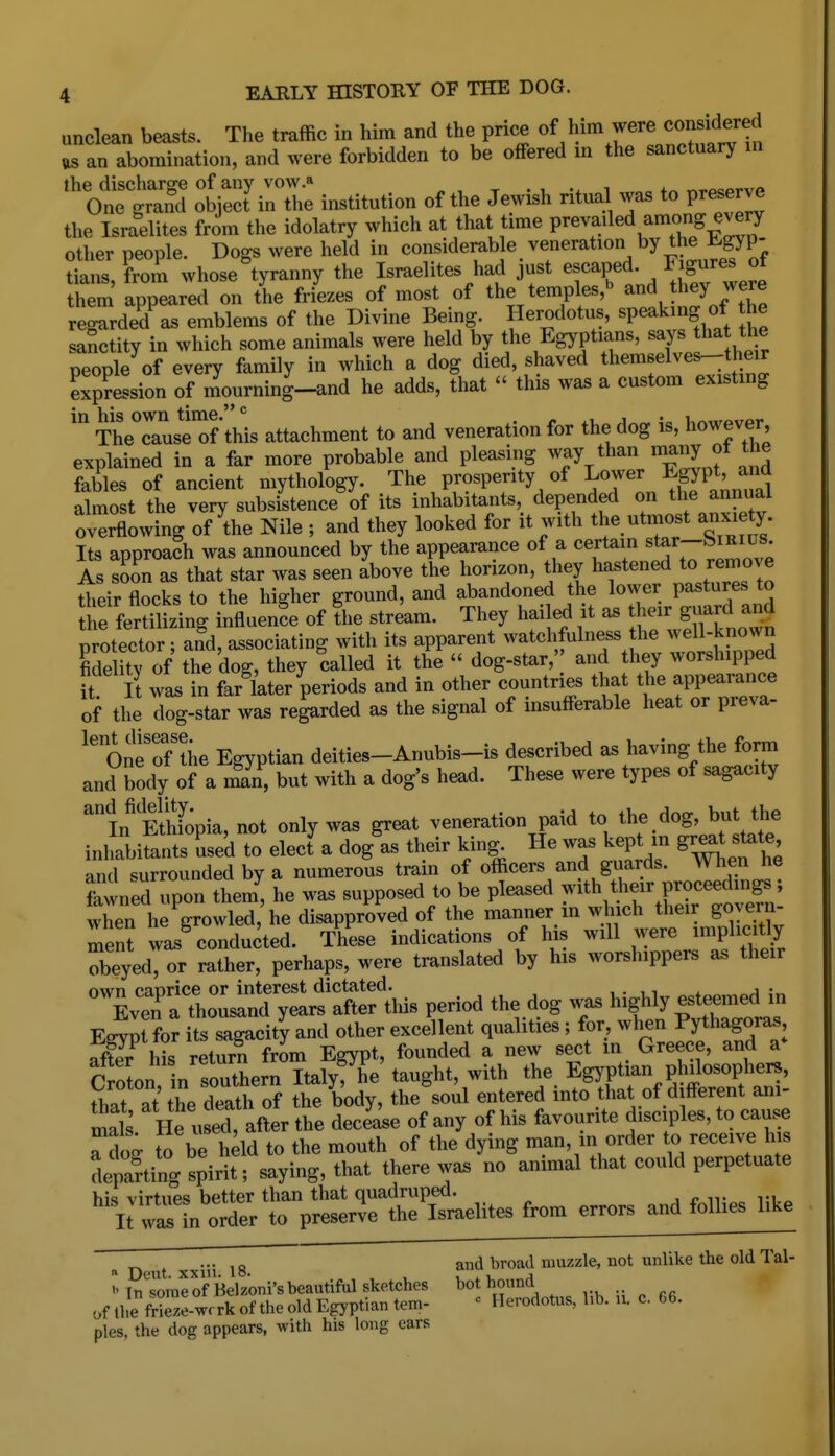 unclean beasts. The traffic in him and the price of him were considere^ as an abomination, and were forbidden to be offered m the sanctuary m otec^i^le institution of the Jewish ritual was to preserve the Israelites from the idolatry which at that time P^ev^^l^d among every other people. Dogs were held in considerable veneration by t^ t^gyp- tians, from whose tyranny the Israelites had just «f T^',, ^ .Iv were them appeared on the friezes of most of the temples,'' ^^v l^nf t^e regarded as emblems of the Divine Being Herodotus, speaking of the saSctity in which some animals were held by the Egyptians, says tha the people of every family in which a dog died, shaved them6elves--their Session of mourning-and he adds, that  this was a custom existing TheTausHf this attachment to and veneration for the dog is, however explained in a far more probable and pleading way than many ot the fables of ancient mythology. The prosperity of Lower Eg^Pt. and almost the very subsistence of its inhabitants, depended on the annual overflowing of ^the Nile ; and they looked for it with the utmost anxiety Its approach was announced by the appearance of a certain star-bmius^ As soon as that star was seen above the horizon, they hastened to remove their flocks to the higher ground, and abandoned the lower pastures to trfer?n£ng influence of L str^tm. They hailed it as their guard and protector ; a?d, associating with its apparent watchfulness he well-known fideityoV the dog, they called it the  dog-star,' and they worshipped it It was in far later periods and in other countries that the appearance of the dog-star was regarded as the signal of insufferable heat or preva- OneT/tiie Egyptian deities-Anubis-is described as having the form and body of a iSi, but with a dog's head. These were types of sagacity ^in Spia, not only was great veneration paid to the dog, but the inllifants Led to elecf a dog as their kin^ He was kept m F-t state and surrounded by a numerous train of officers and guards. When he fawned upon them^ he was supposed to be pleased with their proceedings; Xn he Vowled he disapproved of the manner in which their govern men? was^ conducted. These indications of his will were ^phc tlj obeyed, or rather, perhaps, were translated by his worshippers as their '''''LTl:':Z^;l period the dog was highly estee„.ed in Egypt?or its sagacity and other excellent qualities; for, when Pythagoras S Ms return from Egypt, founded a new sect in Greece, and a* C In in southern Italy^'e'taught, with ^h^ Eg,,pt^n ph^^^^^^^^^^^^ that at the death of the body, the soul entered into that of d fterent am mals He used, after the dece'^e of any of his favourite disciples, to cause r/off to be hdd to the mouth of the dying man, in order to receive his depa?ti^ saying, that there was no animal that could perpetuate ^^l^^^rTX^^^es fVom errors and folli^ « t xiii 18 and broad muzzle, not unlike the old Tal- nToraeof Belzoni'sbeautiful sketches bot hound ri. . rfi of the frieze-wrrk of the old Egyptian tem- ' Herodotus, bb. u. c. 66. pies, the dog appears, with his long ears