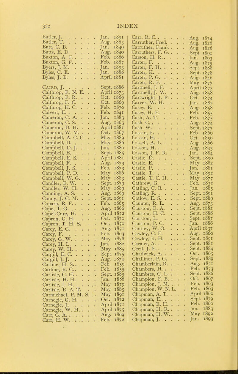 Butler, J Jan. Butler, T Aug. Butt, C. B Jan. Butts, E. D Aug. Buxton, A. F Feb. Buxton, G. F Feb. Byers, J. M Jan. Byles, C. E Jan. Byles, J, B April Caird, J Sept. Calthrop, E. N. E. . . April Calthrop, E. R. . . . Oct. Calthrop, F. C. . . . Oct. Calthrop, H. C. . . . Feb. Calvert, E Feb. Cameron, C. A. . . . Jan. Cameron, C. S. . . . Aug. Cameron, D. H. . . . April Cameron, W. M. . . . Oct. Campbell, A. C. C. . . May Campbell, D May Campbell, D. J. . . . Jan. Campbell, E Sept. Campbell, E. S. . . . April Campbell, F Aug. Campbell, J. S. . . . Feb. Campbell, P. D. . . . May Campbell, W. G.. . . May Candler, E. W. . . . Sept. Candler, W. H. . . . May Canning, A. S. ... Aug. Canny, J. C. M. . . . Sept. Caparn, R. F Feb. Cape, T. G Aug. Capel-Cure, H. . . . April Capron, G. H. ... Oct. Capron, T. H. S. . . Oct. Carey, E. G Aug. Carey, F Feb. Carey, G. W May Carey, H. L Jan. Carey, W. H May Cargill, E. C Sept. Cargill,J.J Aug. Carline, H. S Feb. Carline, R. C Feb. Carlisle, C. H Sept. Carlisle, H. H. ... Jan. Carlisle, J. H May Carlisle, R. A. T. . . May Carmichael, R M. S. . May Carnegie, G. H. . . . Oct. Carnegie, J April Carnegie, W. H. . . . April Carr, G. A Aug. Carr, H, W. . . . . . Feb. 891 863 849 840 866 867 893 888 881 886 873 869 869 870 841 883 863 881 867 8S9 886 880 885 88i 873 873 886 883 879 S89 869 891 865 866 872 870 870 871 863 878 882 88s 87s 874 859 855 88s 886 879 885 891 872 871 875 869 872 Carr, R. C. . . Carruther, Fred. Carruther, Frank Carruthers, F. G. Carson, H. R.. Carter, F. . . Carter, F. H. . Carter, K. . . Carter, R G. . Carter, R. P. , Cartmell, J. F. Cartmell, J. W. Cartwright, J. F. Carver, W. H. Casey, E. . . Casey, H. E. . Cash, A. T. . Cash, C. , . . Cash, W. . . Cassan, F. . . Cassan, H. . . Cassell, A. L. . Casson, H. . . Casson, J. F. R. Castle, D. . . Castle, E. . . Castle, P. . . Castle, T. . . Castle, T. C. H. Cathrew, G. Catling, C. B. . Catling, R. . . Catlow, E. S. . Gaunter, R. L. Causton, E. A. Causton. H. C. Causton, L. Causton, P. C. Cautley, W. O. Cawley, C. E. Cawley, R. H. Cazalet, A. . . Cecil, J. E. . . Chadwick, A. . Challinor, P. G. Chamberlain, R. Chambers, H. . Chambres, C. L. Champion, F. B. Champion, J. M. Champion, W. N. Chapman, A. T. Chapman, E. . Chapman, E. H. Chapman, H. R. Chapman, H. W. Chapman, J. . Aug. 1874 Aug. 1826 Aug. 1826 . Sept. 1891 Jan. 1893 Aug. 1875 . Sept. 1888 . Sept. 1878 • Aug. 1846 May 1877 April 1873 • Aug. 1858 . Oct. 1874 Jan. 1882 • Aug. 1858 Feb. 1855 Feb. 1875 • Aug. 1874 . Sept. 1877 Feb. i860 Oct. 1859 • Aug. 1866 • Aug. 1843 Tan. 1884 . Sept. 1890 1882 Jan. 1881 May 1892 . May 1877 Feb, 1832 . Jan. i88s , Sept. 1891 . Sept. 1889 • Aug. 1873 . Sept. 1S82 . Sept. 1888 Sept. 1887 . Jan. 1886 . April 1837 • Aug. i860 . Sept. 1891 . Sept. 1881 . Sept. 1884 Oct. 1865 . Sept. 1889 . Aug. 1851 Feb. 1873 . Sept. 18S6 Oct. 1867 . Feb. 1S63 . Feb. 1863 . April i860 . Sept. 1879 . Feb. i860 . Jan. 18S3 . May 1892 . Jan. 1893