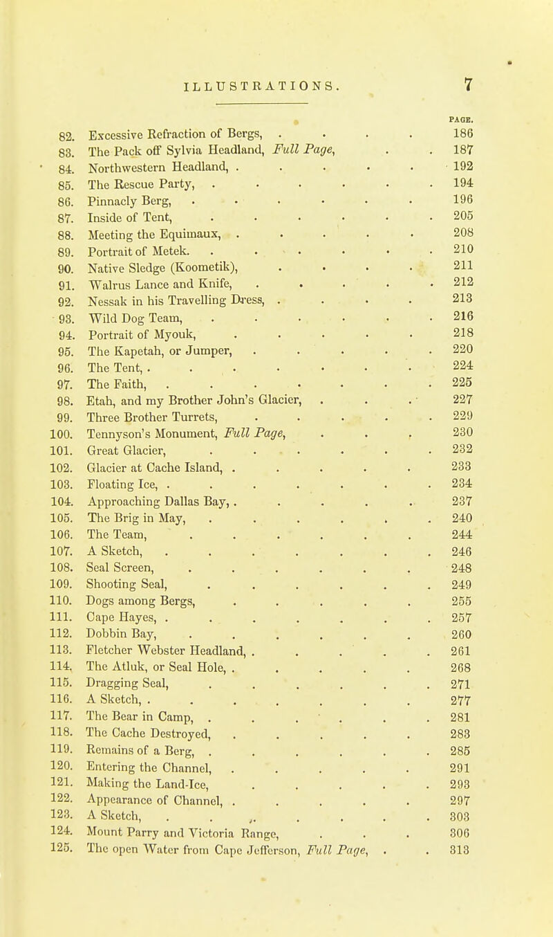 , FAQE. 82. Excessive Refraction of Bergs, .... 186 83. The Pack off Sylvia Headland, Full Page, . . 187 84. Northwestern Headland, . . . . .192 85. The Rescue Party, . ..... 194 86. Pinnacly Berg, . . . . . . 196 87. Inside of Tent, ...... 205 88. Meeting the Equimaux, ..... 208 89. Portrait of Metek. . . - . . . .210 90. Native Sledge (Koometik), . . . . 211 91. Walrus Lance and Knife, . . . . • 212 92. Nessak in his Travelling Dress, .... 213 93. Wild Dog Team, ...... 216 94. Portrait of Myouk, . . . . . 218 95. The Kapetah, or Jumper, . . . . . 220 96. The Tent,... . • . . 224 97. The Faith, . 225 98. Etah, and my Brother John's Glacier, . . . • 227 99. Three Brother Turrets, . . . . .229 100. Tennyson's Monument, Full Page, . . , 230 101. Great Glacier, . ... . . .232 102. Glacier at Cache Island, ..... 238 103. Floating Ice, ....... 234 104. Approaching Dallas Bay,. . . . . 237 105. The Brig in May, ...... 240 106. The Team, ...... 244 107. A Sketch, . . . . . . .246 108. Seal Screen, . . , , . . 248 109. Shooting Seal, . ..... 249 110. Dogs among Bergs, ..... 255 111. Cape Hayes, ....... 257 112. Dobbin Bay, ...... 260 113. Fletcher Webster Headland, . . . . .261 114. The Atluk, or Seal Hole, 268 115. Dragging Seal, ...... 271 116. A Sketch, ....... 277 117. The Bear in Camp, . . . , . .281 118. The Cache Destroyed, ..... 283 119. Remains of a Berg, ...... 285 120. Entering the Channel, ..... 291 121. Making the Land-Ice, . . . . .293 122. Appearance of Channel, ..... 297 123. A Sketch, . . , 303 124. Mount Parry and Victoria Range, ... 306 125. The open Water from Cape Jefferson, Full Page, . . 313