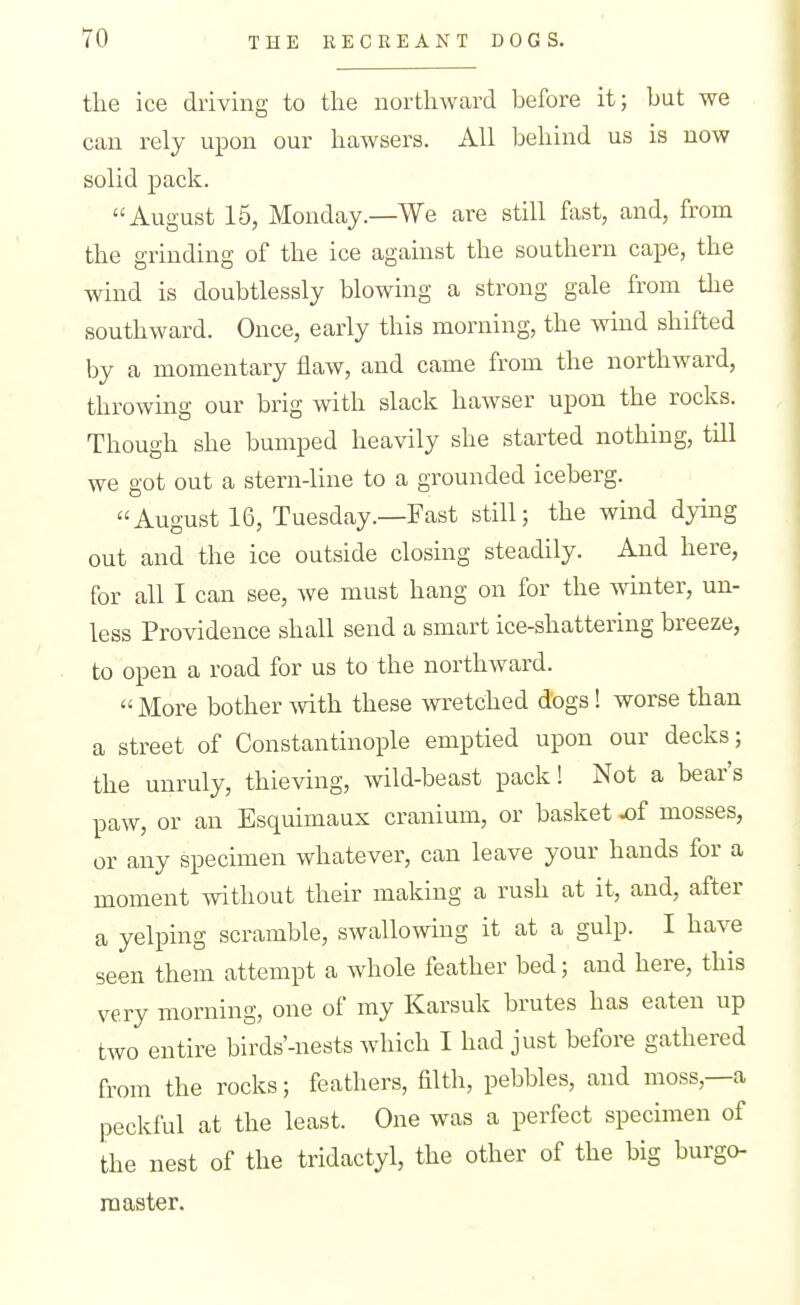 tlie ice driving to the northward before it; hut we can rely upon our hawsers. All behind us is now solid pack. August 15, Monday.—We are still fast, and, from the grinding of the ice against the southern cape, the wind is doubtlessly blowing a strong gale from the southward. Once, early this morning, the wind shifted by a momentary flaw, and came from the northward, throwing our brig with slack hawser upon the rocks. Though she bumped heavily she started nothing, till we got out a stern-line to a grounded iceberg. August 16, Tuesday.—Fast still; the wind dymg out and the ice outside closing steadily. And here, for all I can see, we must hang on for the winter, un- less Providence shall send a smart ice-shattering breeze, to open a road for us to the northward.  More bother vnth. these wretched dogs! worse than a street of Constantinople emptied upon our decks; the unruly, thieving, wild-beast pack! Not a bear's paw, or an Esquimaux cranium, or basket ^f mosses, or any specimen whatever, can leave your hands for a moment without their making a rush at it, and, after a yelping scramble, swallomng it at a gulp. I have seen them attempt a whole feather bed; and here, this very morning, one of my Karsuk brutes has eaten up two entire birds'-nests which I had just before gathered from the rocks; feathers, filth, pebbles, and moss,—a peckful at the least. One was a perfect specimen of the nest of the tridactyl, the other of the big burgo- master.