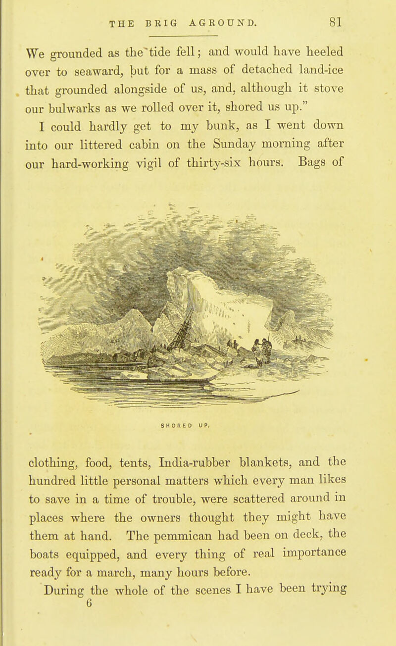 We grounded as the'tide fell; and would have heeled over to seaward, but for a mass of detached land-ice that grounded alongside of us, and, although it stove our bulwarks as we rolled over it, shored us up. I could hardly get to my bunk, as I went down into oio- littered cabin on the Sunday morning after our hard-working vigil of thirty-six hours. Bags of SHORED UP. clothing, food, tents. India-rubber blankets, and the hundred little personal matters which every man likes to save in a time of trouble, were scattered around in places where the owners thought they might have them at hand. The pemmican had been on deck, the boats eqmpped, and every thing of real importance ready for a march, many hours before. During the whole of the scenes I have been trying 6