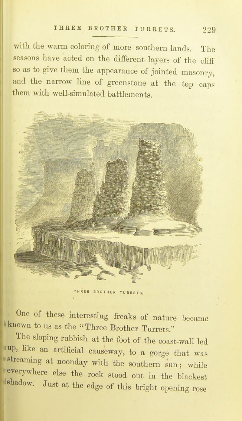 with the warm coloring of more southern lands. The seasons have acted on the different layers of the cliff so as to give them the appearance of jointed masonry, and the narrow line of greenstone at the top caps them with well-simulated battlejnents. THREE BROTHER TURRETS. One of these interesting freaks of nature became kkno^vn to us as the Three Brother Turrets. The sloping rubbish at the foot of the coast-wall led J up, like an artificial causeway, to a gorge that was rstreammg at noonday with the southern sun; while f^everywhere else the rock stood out in the blackest shadow. Just at the edge of this bright opening rose