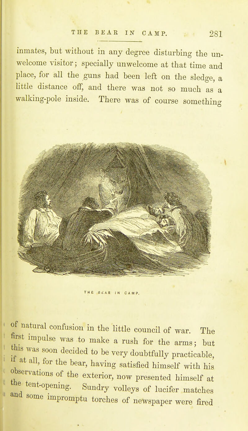 inmates, but without in any degree disturbing the un- welcome visitor; specially unwelcome at that time and place, for all the guns had been left on the sledge, a little distance off, and there was not so much as a walking-pole inside. There was of course somethino- THE BcAR IN CAMP. Of natural confusion in the little council of war. The first impulse was to make a rush for the arms; but this was soon decided to be very doubtfully practicable, 1 at all, for the bear, having satisfied himself with his Observations of the exterior, now presented himself at , tent-opening. Sundry volleys of lucifer matches ana some impromptu torches of newspaper were fired