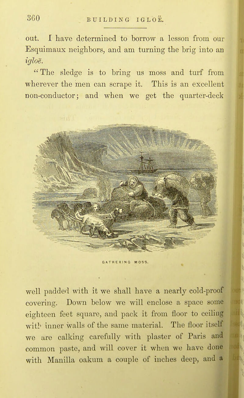 3G0 BUILDING IGLOE. out. I have determined to borrow a lesson from our Esquimaux neighbors, and am turning the brig into an igloe.  The sledge is to bring us moss and turf from wherever the men can scrape it. This is an excellent non-conductor; and when we get the quarter-deck well padded with it we shall have a nearly cold-proof covering. Down below we will enclose a space som^. eighteen feet square, and pack it from floor to ceiliug witb inner walls of the same material. The floor itself we are calking carefully with plaster of Paris and common paste, and will cover it when we have done with Manilla oakum a couple of inches deep, and a