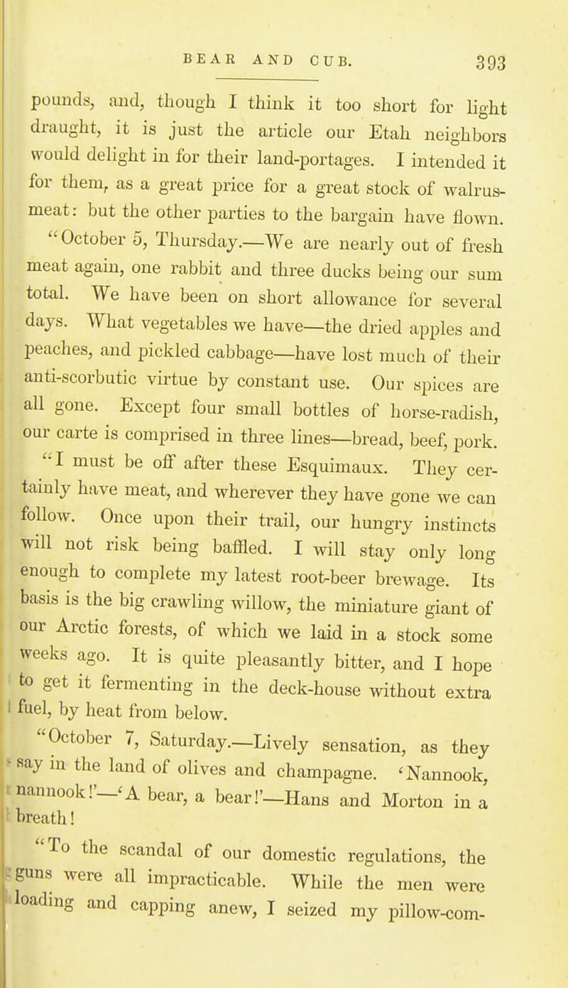 pounds, and, though I think it too short for light draught, it is just the article our Etah neighbors would delight in for their land-portages. I intended it for them, as a great price for a great stock of walrus- meat: but the other parties to the bargain have flown. October 5, Thursday.—We are nearly out of fresh meat agam, one rabbit and three ducks being our sum total. We have been on short allowance for several days. What vegetables we have—the dried apples and peaches, and pickled cabbage—have lost much of their anti-scorbutic virtue by constant use. Our spices are all gone. Except four small bottles of horse-radish, ' our carte is comprised in three lines—bread, beef, pork. ^ '-I must be off after these Esquimaux. They cer- tainly have meat, and wherever they have gone we can follow. Once upon their trail, our hungry instincts will not risk being baffled. I will stay only long enough to complete my latest root^beer brewage. Its basis is the big crawling willow, the miniature giant of our Arctic forests, of which we laid in a stock some weeks ago. It is quite pleasantly bitter, and I hope to get it fermenting in the deck-house without extra I fuel, by heat from below. October 7, Saturday.—Lively sensation, as they ^ say in the land of olives and champagne. 'Nannook, tnannook!'-'A bear, a bearl'-Hans and Mox-ton in a ^ breath! To the scandal of our domestic regulations, the !guns were all impracticable. While the men were loading and capping anew, I seized my piUow-com-