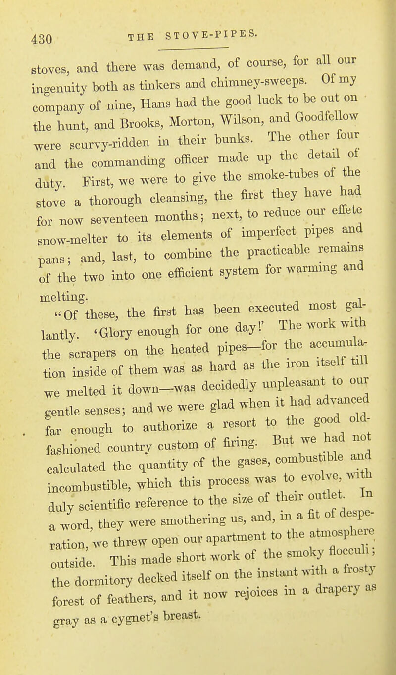 Stoves, and there was demand, of course, for all our in-enuity hoth as tinkers and chimney-sweeps. Of my company of nine, Hans had the good luck to be out on the hunt, and Brooks, Morton, Wilson, and Goodfellow were scurvy-ridden in their bunks. The other four and the commanding officer made up the detail ot duty. First, we were to give the smoke-tubes of the stove a thorough cleansing, the first they have had for now seventeen months; next, to reduce our effete snow-melter to its elements of imperfect pipes and pans; and, last, to combine the practicable remams of the two into one efficient system for warmmg and melting. . , ■■ Of these, the first has been executed most gal- laatly. 'Glory enough for one day!' The work mth the scrapers on the heated pipes-for the accumula- tion inside of them was as hard as the iron itself till we melted it down-was decidedly unpleasant to our gentle senses; and we were glad when it had adduced far enough to authorise a resort to the good old- fa^hioned country custom of firing. But we had not calculated the quantity of the gases, comhus ible and incombustible, which this process wa. to evolve wi* duly scientific reference to the si.e of their outlet to a word, they were smothering us, and, in a fit of despe- aln, we icw open our apartment to the atmosphere outside. This made short work of the -°lfy  the dormitory decked itself on the inst=mt with a fiostj forest of feathers, and it now rejoices m a drapery gray as a cygnet's breast.