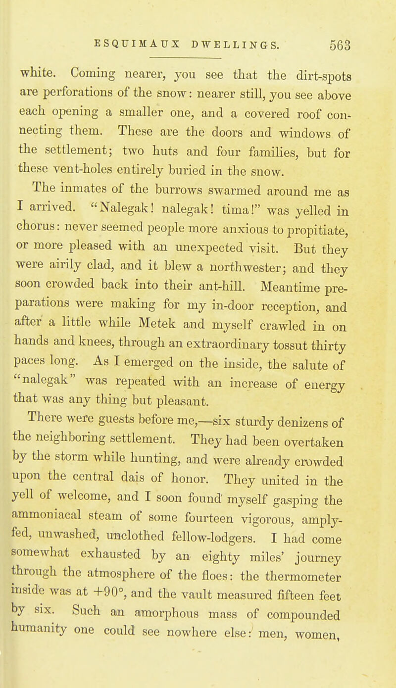 white. Coming nearer, you see that the dirt-spots are perforations of the snow: nearer still, you see above each opening a smaller one, and a covered roof con- necting them. These are the doors and windows of the settlement; two huts and four families, but for these vent-holes entirely buried in the snow. The inmates of the burrows swarmed around me as I arrived. Nalegak! nalegak! tima! was yelled in chorus: never seemed people more anxious to propitiate, or more pleased with an unexpected visit. But they were airily clad, and it blew a northwester; and they soon crowded back into their ant-hill. Meantime pre- parations were making for my in-door reception, and after a little while Metek and myself crawled in on hands and knees, through an extraordinary tossut thirty paces long. As I emerged on the inside, the salute of nalegak was repeated with an increase of energy that was any thing but pleasant. There were guests before me,—six sturdy denizens of the neighboring settlement. They had been overtaken by the storm while hunting, and were already crowded upon the central dais of honor. They united in the yell of welcome, and I soon found myself gasping the ammoniacal steam of some fourteen vigorous, amply- fed, unwashed, unclothed fellow-lodgers. I had come somewhat exhausted by an eighty miles' journey through the atmosphere of the floes: the thermometer inside was at +90°, and the vault measured fifteen feet by SIX. Such an amorphous mass of compounded humanity one could see nowhere else: men, women,