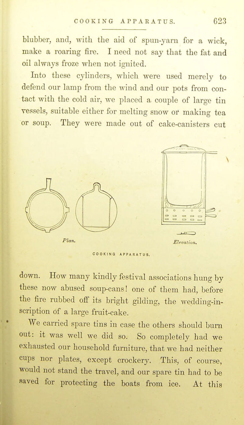 blubber, and, with the aid of spun-yarn for a wick, make a roaring fire. I need not say that the fat and oil always froze when not ignited. Into these cylinders, which were used merely to defend our lamp from the wind and our pots from con- tact with the cold air, we placed a couple of large tin vessels, suitable either for melting snow or making tea or soup. They were made out of cake-canisters cut Plan. Elevation, COOKING APPARATUS. down. How many kindly festival associations hung by these now abused soup-cans! one of them had, before the fire rubbed off its bright gilding, the wedding-in- scription of a large fruit-cake. We carried spare tins in case the others should bum out: it was well we did so. So completely had we exhausted our household furniture, that we had neither cups nor plates, except crockery. This, of course, would not stand the travel, and our spare tin had to be saved for protecting the boats from ice. At this