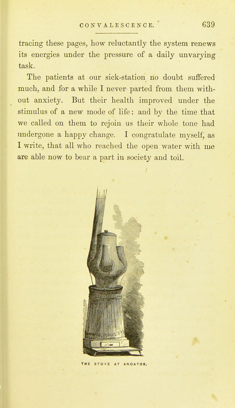 tracing these pages, how reluctantly the system renews its energies under the pressure of a daily unvarying task. The patients at our sick-station no doubt suffered much, and for a while I never parted from them with- out anxiety. But their health improved under the stimulus of a new mode of life: and by the time that we called on them to rejoin us their whole tone had undergone a happy change. I congratulate myselfj as I write, that all who reached the open water with me are able now to bear a part in society and toil. THE 3T0VE AT ANOATOK,