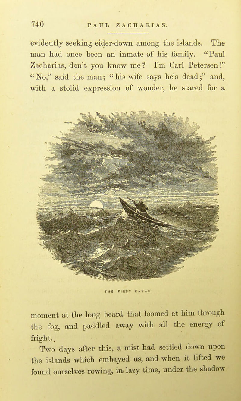 evidently seeking eider-down among the islands. The man had once been an inmate of his family. Paul Zacharias, don't you know me ? I'm Carl Petersen! No, said the man; his wife says he's dead; and, with a stolid expression of wonder, he stared for a THE FIRST KAYAK. moment at the long beard that loomed at him through the fog, and paddled away with all the energy of fright.. Two days after this, a mist had settled down upon the islands which embayed: us, and when it lifted we found ourselves rowing, in. lazy time, under the shadow