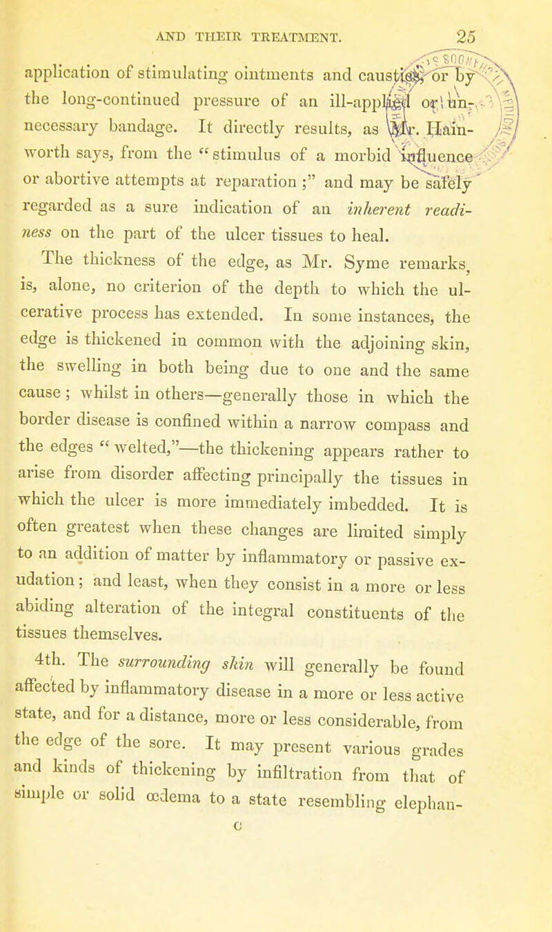 application of stimulating ointments and causR^-^oFBy' the long-continued pressure of an ill-appli^l Oi^lkur. necessary bandage. It directly results, as Ww*. Haiti- worth says, from the  stimulus of a morbid Hi^uence^i^; or abortive attempts at reparation ; and may be^afely regarded as a sure indication of an inherent readi- ness on the part of the ulcer tissues to heal. The thickness of the edge, as Mr. Syme remarks, is, alone, no criterion of the depth to which the ul- cerative process has extended. In some instances, the edge is thickened in common with the adjoining skin, the swelling in both being due to one and the same cause; whilst in others—generally those in which the border disease is confined within a narrow compass and the edges  welted,—the thickening appears rather to arise from disorder affecting principally the tissues in which the ulcer is more immediately imbedded. It is often greatest when these changes are limited simply to an addition of matter by inflammatory or passive ex- udation ; and least, when they consist in a more or less abiding alteration of the integral constituents of the tissues themselves. 4th. The surrounding skin will generally be found affected by inflammatory disease in a more or less active state, and for a distance, more or less considerable, from the edge of the sore. It may present various grades and kinds of thickening by infiltration from that of simple or solid oedema to a state resembling elephan-