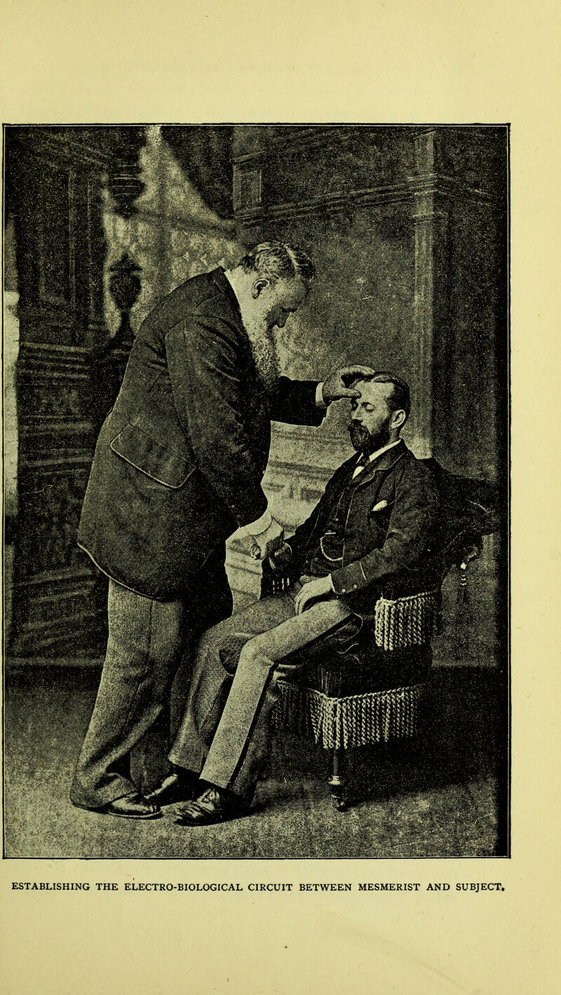 ESTABLISHING THE ELECTRO-BIOLOGICAL CIRCUIT BETWEEN MESMERIST AND SUBJECT.