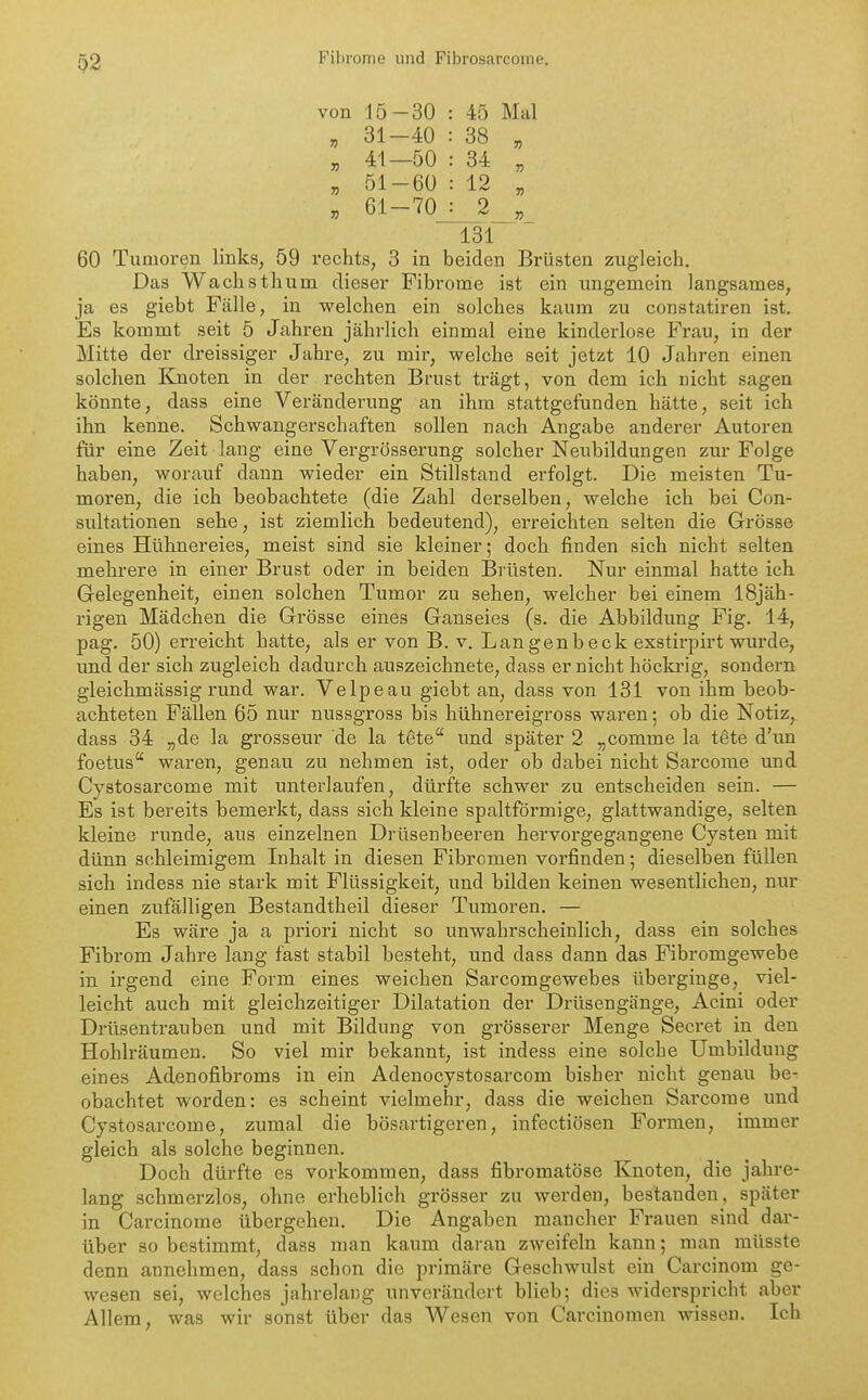 von 15-30 : 45 Mal „ 31-40 : 38 , „ 41-50 : 34 , ^ 51-60 : 12 „ , 61-70 : 2 , 131 60 Tumoren links, 59 rechts, 3 in beiden Brüsten zugleich. Das Wachsthum dieser Fibrome ist ein ungemein langsames, ja es giebt Fälle, in welchen ein solches kaum zu constatiren ist. Es kommt seit 5 Jahren jährlich einmal eine kinderlose Frau, in der Mitte der dreissiger Jahre, zu mir, welche seit jetzt 10 Jahren einen solchen Knoten in der rechten Brust trägt, von dem ich nicht sagen könnte, dass eine Veränderung an ihm stattgefunden hätte, seit ich ihn kenne. Schwangerschaften sollen nach Angabe anderer Autoren für eine Zeit lang eine Vergrösserung solcher Neubildungen zur Folge haben, worauf dann wieder ein Stillstand erfolgt. Die meisten Tu- moren, die ich beobachtete (die Zahl derselben, welche ich bei Con- sultationen sehe, ist ziemlich bedeutend), erreichten selten die Grösse eines Hühnereies, meist sind sie kleiner; doch finden sich nicht selten mehrere in einer Brust oder in beiden Brüsten. Nur einmal hatte ich Gelegenheit, einen solchen Tumor zu sehen, welcher bei einem I8jäh- rigen Mädchen die Grösse eines Ganseies (s. die Abbildung Fig. 14, pag. 50) erreicht hatte, als er von B. v. Langenbeck exstirpirt wurde, und der sich zugleich dadurch auszeichnete, dass er nicht höckrig, sondern gleichmässig rund war. Velpeau giebt an, dass von 131 von ihm beob- achteten Fällen 65 nur nussgross bis hühnereigross waren; ob die Notiz, dass 34 „de la grosseur de la tete und später 2 „comme la tete d'un foetus waren, genau zu nehmen ist, oder ob dabei nicht Sarcome und Cystosarcome mit unterlaufen, dürfte schwer zu entscheiden sein. — Es ist bereits bemerkt, dass sich kleine spaltförmige, glattwandige, selten kleine runde, aus einzelnen Drüsenbeeren hervorgegangene Cysten mit dünn schleimigem Inhalt in diesen Fibromen vorfinden; dieselben füllen sich indess nie stark mit Flüssigkeit, und bilden keinen wesentlichen, nur einen zufälligen Bestandtheil dieser Tumoren. — Es wäre ja a priori nicht so unwahrscheinlich, dass ein solches Fibrom Jahre lang fast stabil besteht, u.nd dass dann das Fibromgewebe in irgend eine Form eines weichen Sarcomgewebes überginge, viel- leicht auch mit gleichzeitiger Dilatation der Drüsengänge, Acini oder Drüsentrauben und mit Bildung von grösserer Menge Secret in den Hohlräumen. So viel mir bekannt, ist indess eine solche Umbildung eines Adenofibroms in ein Adenocystosarcom bisher nicht genau be- obachtet worden: es scheint vielmehr, dass die weichen Sarcome imd Cystosarcome, zumal die bösartigeren, infectiösen Formen, immer gleich als solche beginnen. Doch dürfte es vorkommen, dass fibromatöse Knoten, die jahre- lang schmerzlos, ohne erheblich grösser zu werden, bestanden, später in Carcinome übergehen. Die Angaben mancher Frauen sind dar- über so bestimmt, dass man kaum daran zweifeln kann; man müsste denn annehmen, dass schon die primäre Geschwulst ein Carcinom ge- wesen sei, welches jahrelang unverändert blieb; dies widerspricht aber Allem, was wir sonst über das Wesen von Carcinomen wissen. Ich