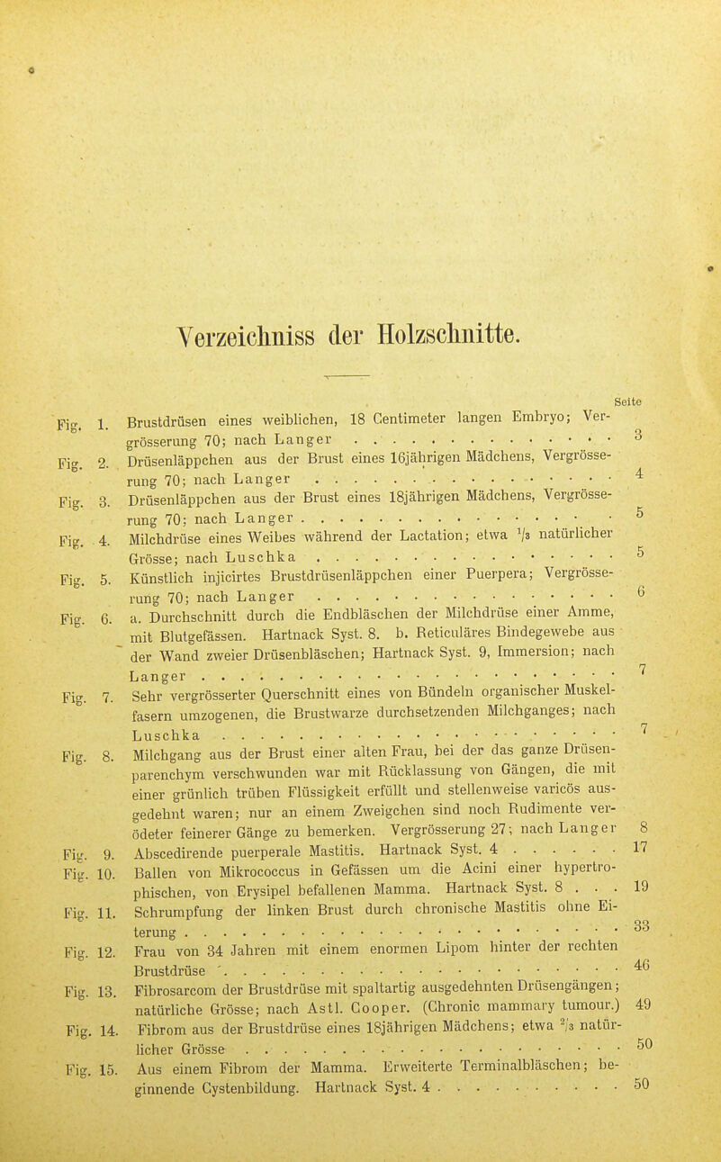 Yerzeichniss der Holzsclinitte. Fig Seite Brustdrüsen eines weiblichen, 18 Centimeter langen Embryo; Ver- grösserung 70; nach Langer 3 Fio'. 2. Drüsenläppchen aus der Brust eines 16jährigen Mädchens, Vergrösse- rung 70; nach Langer ^ Fig. 3. Drüsenläppchen aus der Brust eines 18jährigen Mädchens, Vergrösse- rung 70; nach Langer • ^ Fig. 4. Milchdrüse eines Weibes während der Lactation; etwa ^3 natürUcher Grösse; nach Luschka ^ Fig. 5. Künstlich injicirtes Brustdrüsenläppchen einer Puerpera; Vergrösse- rung 70; nach Langer ^ Fig. 6. a. Durchschnitt durch die Endbläschen der Milchdrüse einer Amme, mit Blutgefässen. Hartnack Syst. 8. b. Reticuläres Bindegewebe aus ~ der Wand zweier Drüsenbläschen; Hartnack Syst. 9, Immersion; nach 7 Langer Fig. 7. Sehr vergrösserter Querschnitt eines von Bündeln organischer Muskel- fasern umzogenen, die Brustwarze durchsetzenden Milchganges; nach n Luschka Fig. 8. Milchgang aus der Brust einer alten Frau, bei der das ganze Drüsen- parenchym verschwunden war mit Rücklassung von Gängen, die mit einer grünlich trüben Flüssigkeit erfüllt und stellenweise varicös aus- gedehnt waren; nur an einem Zweigchen sind noch Rudimente ver- ödeter feinerer Gänge zu bemerken. Vergrösserung 27; nach Langer 8 Fig. 9. Abscedirende puerperale Mastitis. Hartnack Syst. 4 17 Fig. 10. Ballen von Mikrococcus in Gefässen um die Acini einer hypertro- phischen, von Erysipel befallenen Mamma. Hartnack Syst. 8 ... 19 Fi'' 11. Schrumpfung der linken Brust durch chronische Mastitis ohne Ei- ^ ' 33 terung Fig. 12. Frau von 34 Jahren mit einem enormen Lipom hinter der rechten Brustdrüse '. . . - Fig. 13. Fibrosarcom der Brustdrüse mit spaltartig ausgedehnten Drüsengängen; natürliche Grösse; nach Astl. Cooper. (Chronic mammary tumour.) 49 Fig. 14. Fibrom aus der Brustdrüse eines 18jährigen Mädchens; etwa -/s natür- licher Grösse Fig. 15. Aus einem Fibrom der Mamma. Erweiterte Terminalbläschen; be-