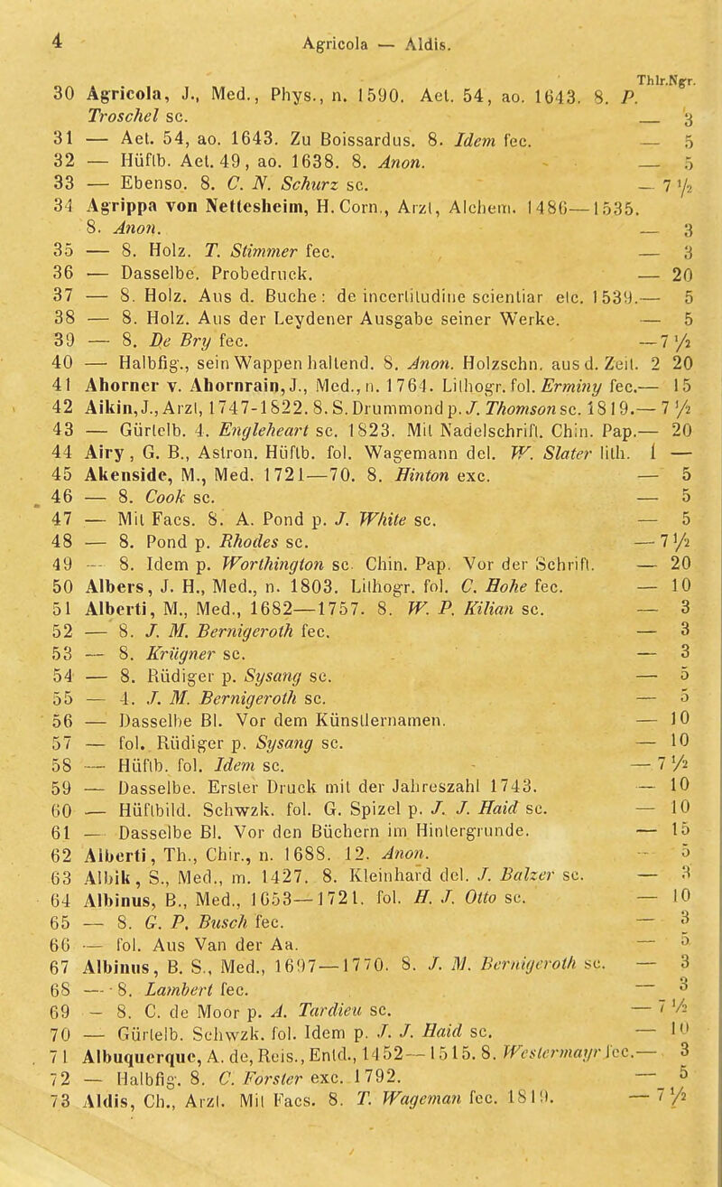 Agricola — Aldis. Thlr.Ner. 30 Agricola, J., Med., Phys., n. 1590. Ael. 54, ao. 1643. 8. P. Troschel sc. 3 31 — Aet. 54, ao. 1643. Zu Boissardus. 8. Idem fec. — 5 32 — Hüflb. Aet. 49, ao. 1638. 8. Anon. _ 5 33 — Ebenso. 8. C. N. Schurz sc. — 7 »/a 34 Agrippa von Nettesheim, H.Corn., Arzl, Alehem. i486—1535. 8. Anon. — 3 35 — 8. Holz. T. Stimmer fec. — 3 36 — Dasselbe. Probedruck. — 20 37 — 8. Holz. Aus d. Buche: de incerlilüdine scienliar elc. 1539.— 5 38 — 8. Holz. Aus der Leydener Ausgabe seiner Werke. — 5 39 — 8. De Bry fec. —7/2 40 — Halbfig., sein Wappen haltend. 8. Anon. Holzschn. aus d. Zeil. 2 20 41 Ahorner v. Ahornrain, J., Med.,n. 1 764. Lilhogr. fol. Erminy fec.— 15 42 Aikin, J., Arzl, 1747-1822. 8. S. Drummond p. /. Thomson sc. 18 19.— 7 '/a 43 — Gürlelb. 4. Engleheart sq. 1823. Mit Nadelschrifl. Chin. Pap.— 20 44 Airy, G. B., Astron. Hüftb. fol. Wagemann del. W. Steter lith. 1 — 45 Akenside, M., Med. 1721—70. 8. Hinton exc. — 5 46 — 8. Cook sc. — 5 47 — Mit Facs. 8. A. Pond p. /. White sc. — 5 48 — 8. Pond p. Rhodes sc. — 7 Vi 49 — 8. Idem p. Worthingion sc Chip. Pap. Vor der Schrift. — 20 50 Albers, J. H., Med., n. 1803. Lilhogr. fol. C. Hohe fec. — 10 51 Alberti, M., Med., 1682—1757. 8. W. P. Kilian sc. — 3 52 —' 8. /. M. Bernigeroth fec. — 3 53 — 8. Krügner sc. — 3 54 — 8. Piüdiger p. Sysang sc. — 5 55 — 4. J. M. Bernigeroth sc. — 5 56 — Dasselbe Bl. Vor dem Künstlernamen. — 10 57 — fol. Rüdiger p. Sysang sc. — 10 58 — Hüflb. fol. Idem sc. — 7 lA 59 — Dasselbe. Erster Druck mit der Jahreszahl 1743. — 10 60 — Hüflbild. Schwzk. fol. G. Spizel p. /. /. Haid sc. — 10 61 — Dasselbe Bl. Vor den Büchern im Hintergrunde. — 15 62 Aiberti, Th., Chir., n. 1688. 12. Anon. 5 63 Albik, S., Med., m. 1427. 8. Kleinharl del. /. Balzer sc. — 3 64 Albinus, B„ Med., 1653—1721. fol. H. J. Otto sc. — 10 65 — 8. G. P. Busch fec. ~ 3 60 — fol. Aus Van der Aa. — D 67 Albinus, B. S., Med., 1697—1770. 8. /. M. Bernigeroth sc. — 3 68 —- 8. Lambert fec. — 3 69 - 8. C. de Moor p. A. Tardieu sc. — 7 Vi 70 — Gürlelb. Schwzk. fol. Idem p. /. /. Haid sc. — 10 7 I Albuqucrque, A. de, Reis., Enld., 1452— 1515. 8. Weslermayr fec— 72 — Halbfig. 8. C. Forster exc. 1792. — 5 73 Aldis, Ch., Arzl. Mil Facs. 8. T. Wageman fec. 1819. — 7*/a
