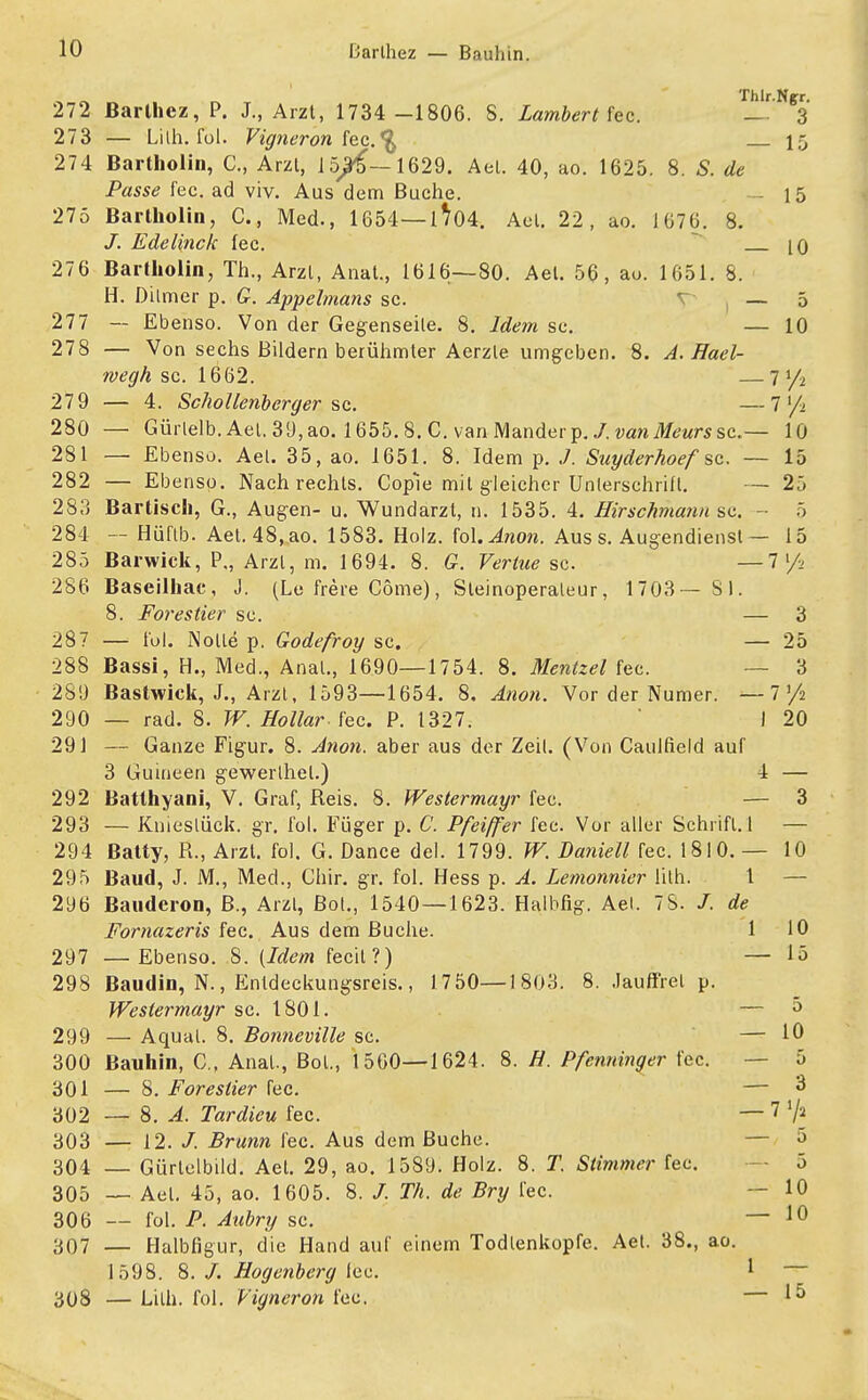 272 ßarthez, P. J., Arzt, 1734 -1806. 8. Lambert fec. ? 273 — Lilh. fol. Vigneron fec. ^ 15 274 Bartholin, C, Arzt, 15^—1629. Ael. 40, ao. 1625. 8. 5. de Passe fec. ad viv. Aus dem Buche. — 15 275 Bartholin, C, Med., 1654—1704. Ael. 22, ao. 1676. 8. /. Edelinck fec. 10 276 Bartholin, Th., Arzl, Anat., 1616—80. Ael. 56, ao. 1651. 8. H. Dilmer p. G. Appelmans sc. r ] _ 211 — Ebenso. Von der Gegenseite. 8. Idem sc. — 10 278 — Von sechs Bildern berühmter Aerzle umgeben. 8. A. Hael- rvegh sc. 1662. — 7 y2 279 — 4. Schollenberger sc. —7 x/i 280 — Gürlelb.Ael. 39,ao. 1655.8. C. vanManderp./. vanMeurssc — 10 281 — Ebenso. Ael. 35, ao. 1651. 8. Idem p. J. Suyderhoef sc. — 15 282 — Ebenso. Nach rechts. Cop'ie mil gleicher Unterschrill. — 25 283 Bartisch, G., Augen- u. Wundarzt, n. 1535. 4. Hirschmann sc. - 5 284 -- Hüflb. Aet.48,ao. 1583. Holz, fol.^rao». Aus s. Augendienst — 15 285 Barwick, P., Arzl, m. 1694. 8. G. Vertue sc. — 7 >/* 286 Baseilhac, J. (Le fröre Cöme), Steinoperaleur, 1703— Sl. 8. Forestier sc. — 3 287 — fol. Nolle p. Godefroy sc. — 25 288 Bassi, H., Med., Anal., 1690—1754. 8. Mentzel fec. — 3 289 Bastwick, J., Arzt, 1593—1654. 8. Anon. Vor der Numer. —7/2 290 — rad. 8. W. Eollar-fec. P. 1327. 1 20 291 — Ganze Figur. 8. Anon. aber aus der Zeil. (Von Caulfield auf 3 Guineen gewerlhel.) 4 — 292 Batthyani, V. Graf, Reis. 8. Westermayr fec. — 3 293 — Knieslück. gr. fol. Füger p. C. Pfeiffer fec. Vor aller Schrift. 1 — 294 Batty, R., Arzl. fol. G. Dance del. 1799. W. Baniell Tee. 1810.— 10 295 Baud, J. M., Med., Chir. gr. fol. Hess p. A. Lemonnier lith. 1 — 296 Bauderon, B., Arzl, Bot., 1540—1623. Halbfig. Ael. 78. /. de Fornazeris fec. Aus dem Buche. 1 10 297 — Ebenso. 8. {Idem fecil?) — 15 298 Baudin, N., Enldeckungsreis., 1750—1803. 8. Jauffrel p. Westermayr sc. 1801. — 0 299 — Äqual. 8. Bonneville sc. — 10 300 ßauhin, C, Anal., Bot., 1560—1624. 8. H. Pfenninger fec. — 5 301 — 8. Forestier fec. — 3 302 — 8. A. Tardieu fec. — 7 Va 303 — 12. /. Brunn fec. Aus dem Buche. — 5 304 — Gürlclbild. Aet. 29, ao. 1589. Holz. 8. T. Stimmer fec. 5 305 — Ael. 45, ao. 1605. 8. /. Th. de Bry fec. — 10 306 — fol. P. Aubry sc. — 10 307 — Halbfigur, die Hand auf einem Todlenkopfe. Aet. 38., ao. 1598. 8. /. Hogenberg leo. 1 308 — Lilh. fol. Vigneron fec. — 15