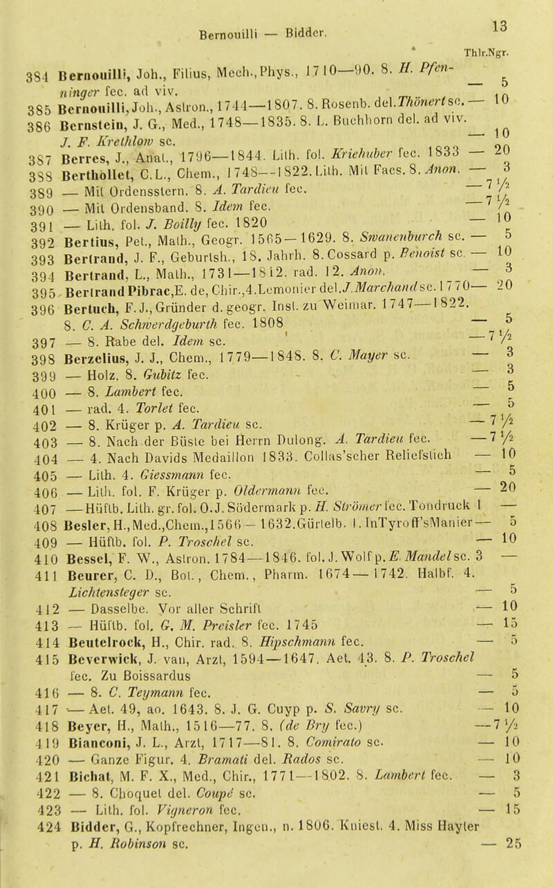 Bernouilli — Bidder. Thlr.Ngr. 384 Bernouilli, Jon., Filius, Mech.,Phys., 1.710—90. 8. H. Pfen- ^ ninger fec. ad viv. 4 u\ 385 Bcrnouilli,Joh.,Aslron.,1744—1807. 8. Rosenb. delTW^sc— 10 386 Bernstein, J. G., Med., 1748—1835. 8. L. Buchhorn del. ad viv.^ J. F. Krethlow sc. 3S7 Berres, J., Anal., 1796—1844. Lüh. fol. Kriehuber fec. 1833 — ^ 38S Berthollet, C.L., Chem., 1 748—1822. Lüh. Mü Facs.S.^n. — 3 389 _ Mit Ordensslern. 8. A. Tardieu fec. *Q 390 _ Mit Ordensband. S. Idem fec. X 391 — Lilh. fol. /. Boilly fec. 1820 ' ~~ k 392 Bertius, Pel, Malh., Geogr. 1565-1629. 8. Srvanenburch sc. — 5 393 Berlrand, J. F., Geburlsh., 18. Jahrh. 8.Cossard p. Benoist sc. — 10 394 Bertrand, L., Malh., 173 I—1812. rad. 12. Anon. — 3 395 BerlrandPibrac,E.de,Chir.,4.LomoniiM-del.7.iJfarf/ww</sc.l i '70— 20 396 Bertuch, F. J.,Gründer d. geogr. Inst, zu Weimar. 1 747—1822. 8. C. A. Schrverdgeburth fec. 1808( — ^ 397 — 8. Rabe del. Idem sc. 7 /2 398 Berzelius, J. J., Chem., 1779—1848. 8. C. Mayer sc. — 3 399 _ Holz. 8. Gubitz fec. — 3 400 — 8. Lambert fec. ^ 401 — rad. 4. Torlei fec. — ^5 402 — 8. Krüger p. A. Tardieu sc. 7 /% 403 — 8. Nach der Büsle bei Herrn Dulong. A. Tardieu fec. —7l/i 404 — 4. Nach Davids Medaillon 1833. Collas'scher Reliefslich — 10 405 — Lilh. 4. Giessmann fec. 5 406 — Lilh. fol. F. Krüger p. Oldermann fec. — 20 407 —Hüflb. Lilh. gr. fol. 0. J. Södermark p. H. Strömeriec. Tondruck 1 — 408 Besler,H.,Med.,Chcm.,156<>- 1632.Gürlelb. I. InTyroff'sManier — 5 409 _ Hüflb. fol. P. Troschel sc. — 10 410 Besscl, F. W., Aslron. 1784—1846. fol. J. Wolf p.E, Mandel sc. 3 — 411 Beurer, C. D., Bot., Chem., Pharm. 1674—1742. Halbf. 4. Lichtensteger sc. — 5 412 —Dasselbe. Vor aller Schrift — 10 413 — Hüftb. fol. G. M. Preisler fec. 1745 — 15 414 Beutelrock, H., Chir. rad. 8. Hipschmann fec. — 5 415 Beverwick, J. van, Arzt, 1594—1647. Aet. 4.3. 8. P. Troschel fec. Zu ßoissardus — 5 416 — 8. C. Teymann fec. — 5 417 — Aet. 49, ao. 1643. 8. J. G. Cuyp p. 5. Savry sc. — 10 418 Beyer, H., Malh., 1516—77. 8. (de Bry fec.) — 71/. 419 Bianconi, J. L., Arzt, 1717—81. 8. Comirato sc. — 10 420 — Ganze Figur. 4. Bramati del. Bados sc. — 10 421 Bichat, M. F. X., Med., Chir., 1771 — 1802. 8. Lambert fec. — 3 422 — 8. Choquel del. Coupe sc. — 5 423 — Lilh. fol. Vigneron fec. — 15 424 Bidder, G., Kopfrechner, Ingen., n. 1806. Kniest. 4. Miss Hayler p. H. Robinson sc. — 25